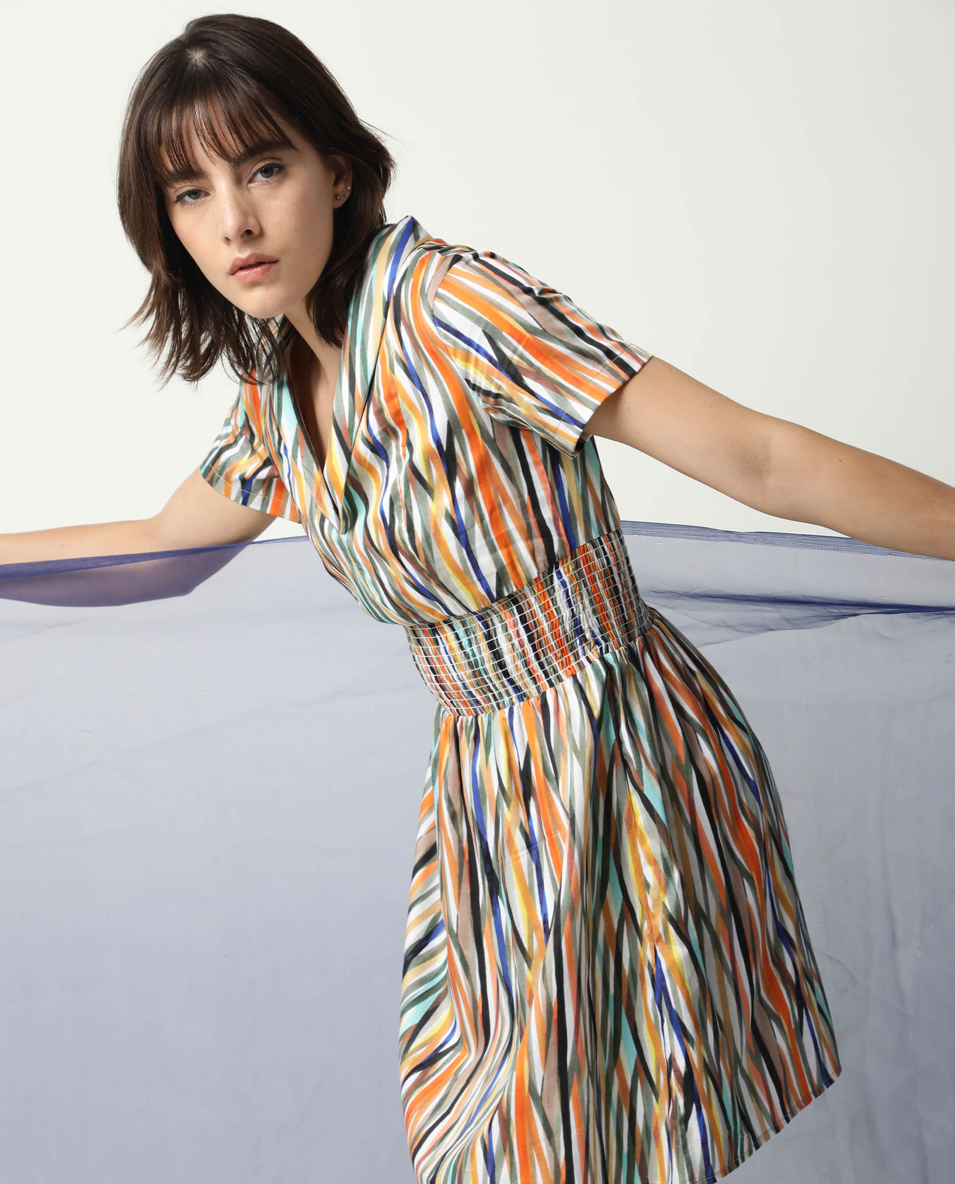 Rareism Women Shallom Multi Abstract V Neck Overlap Collar Short Sleeves Elastic Waist Band Mini Dress