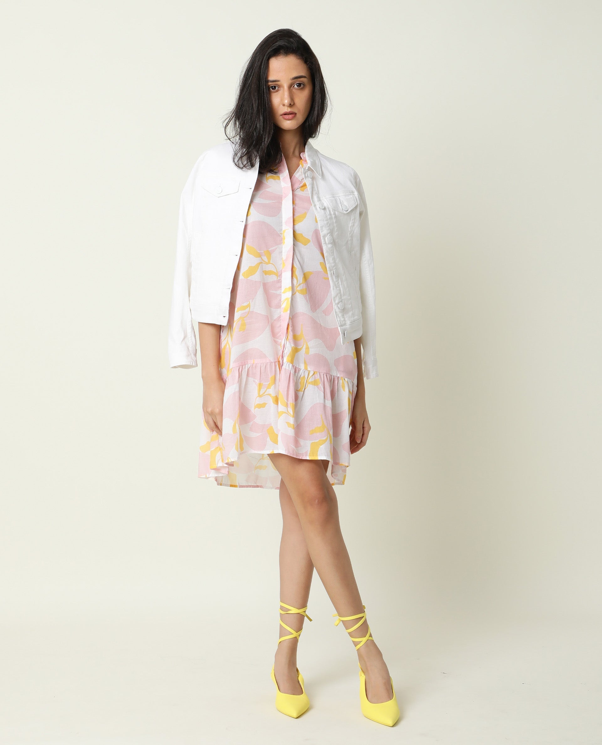 Rareism Women Champ Pink Abstract Print High Neck 3/4 Sleeves Front Full Button Closure Placket Mini Dress