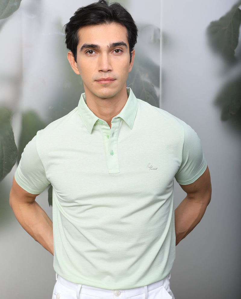 RARE RABBIT MEN'S TUNAS LIGHT GREEN POLO COTTON POLYESTER FABRIC SHORT SLEEVES COLLARED NECK SLIM FIT