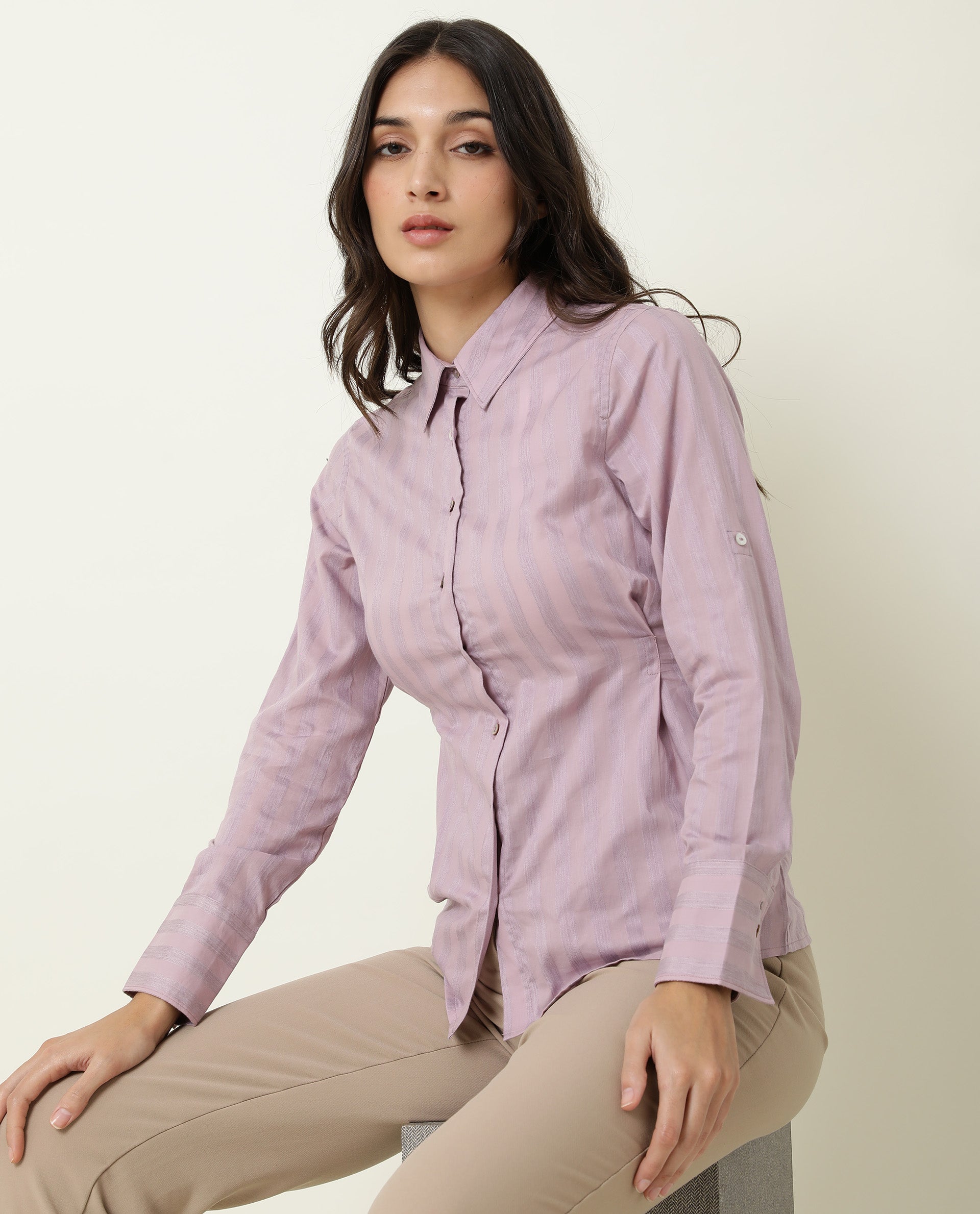 Rareism Women Pickle Pink Cotton Fabric Regular Fit Shirt Collar Full Sleeves Striped Top
