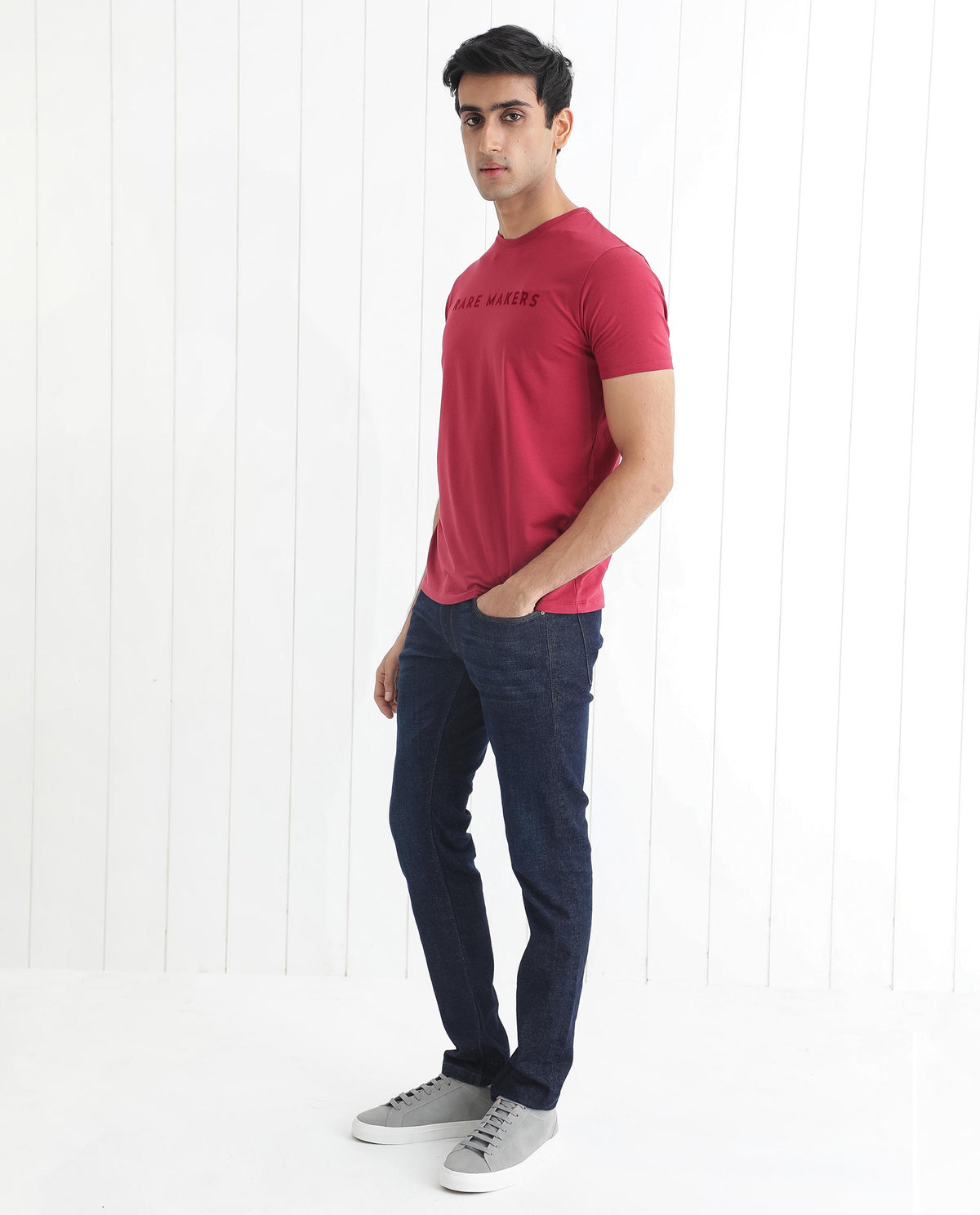 Rare Rabbit Men's Burke Dark Red Crew Neck Half Sleeves Velvet Branding Regular Fit T-Shirt