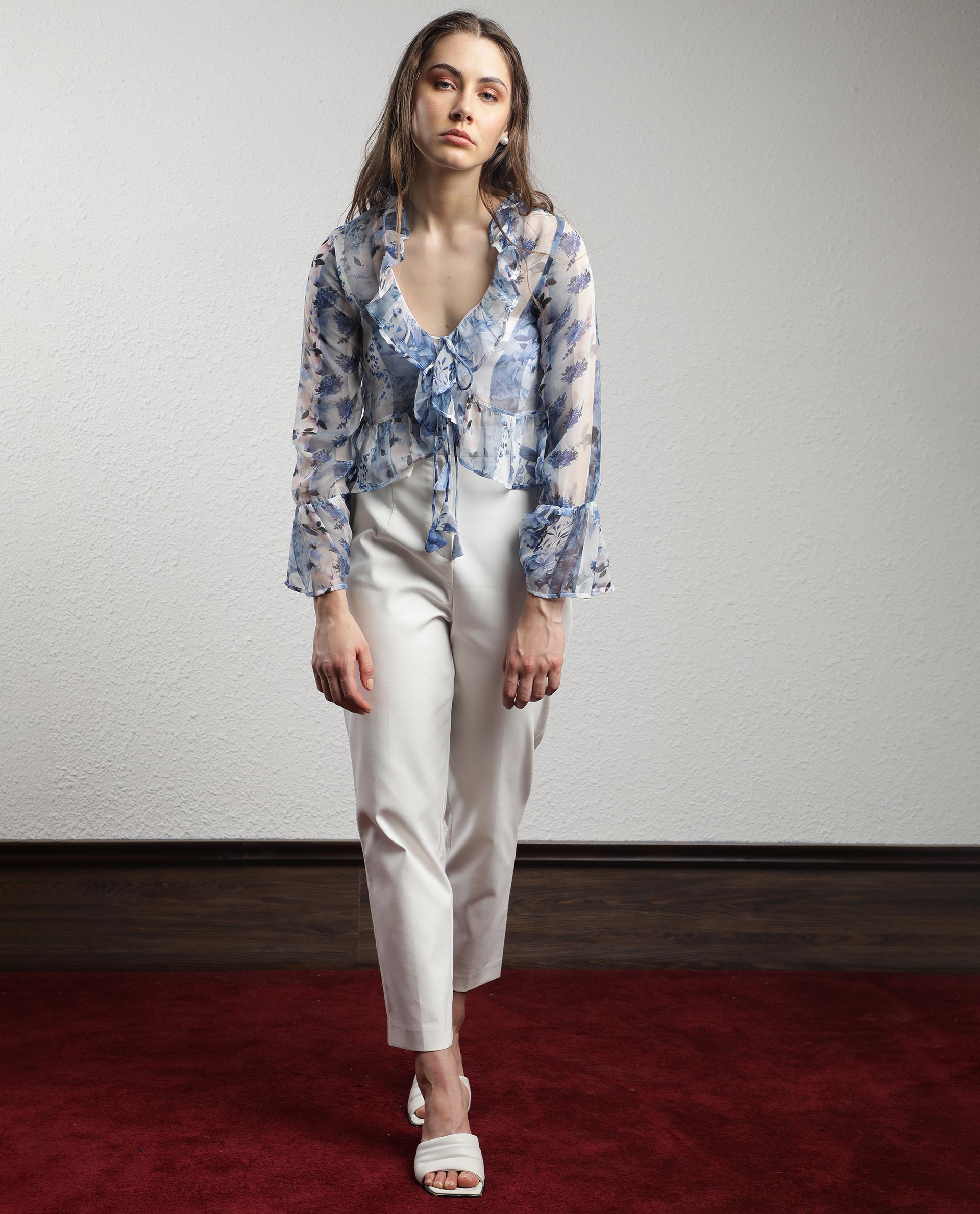 Rareism Women Julieta Light Blue Polyester Fabric Full Sleeves Drawstring Closure V-Neck Bell Sleeve Regular Fit Abstract Print Shrug