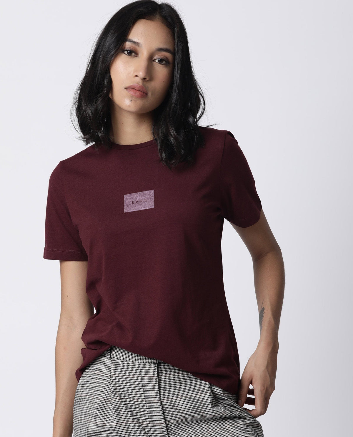 Rareism Womens Luani Maroon T-Shirt Supima Cotton Fabric Slim Fit Round Neck
