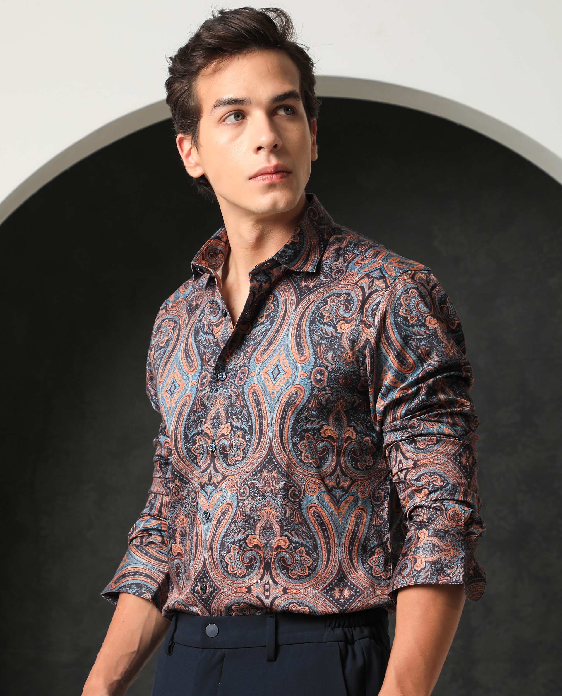 Rare Rabbit Men's Mergers Navy Cotton Fabric Full Sleeves Paisley Print Shirt