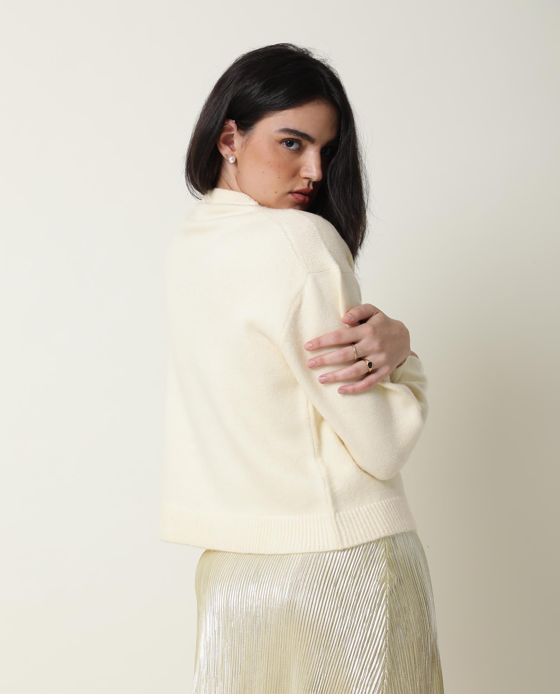 Rareism Women Tulsy Off White Acrylic Fabric Full Sleeves Knee Length Regular Fit Sequined Round Neck Sweater