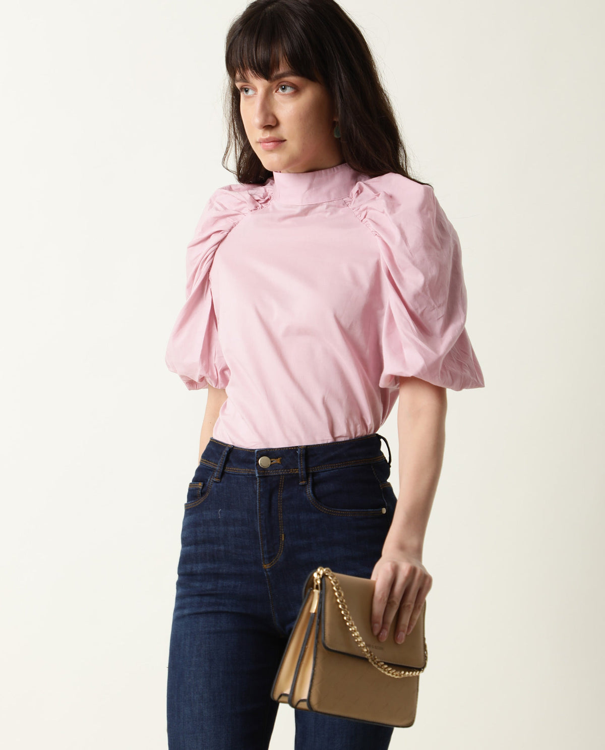 Rareism Womens Bobby Pink Top Cotton Fabric  Half Sleeve High Neck