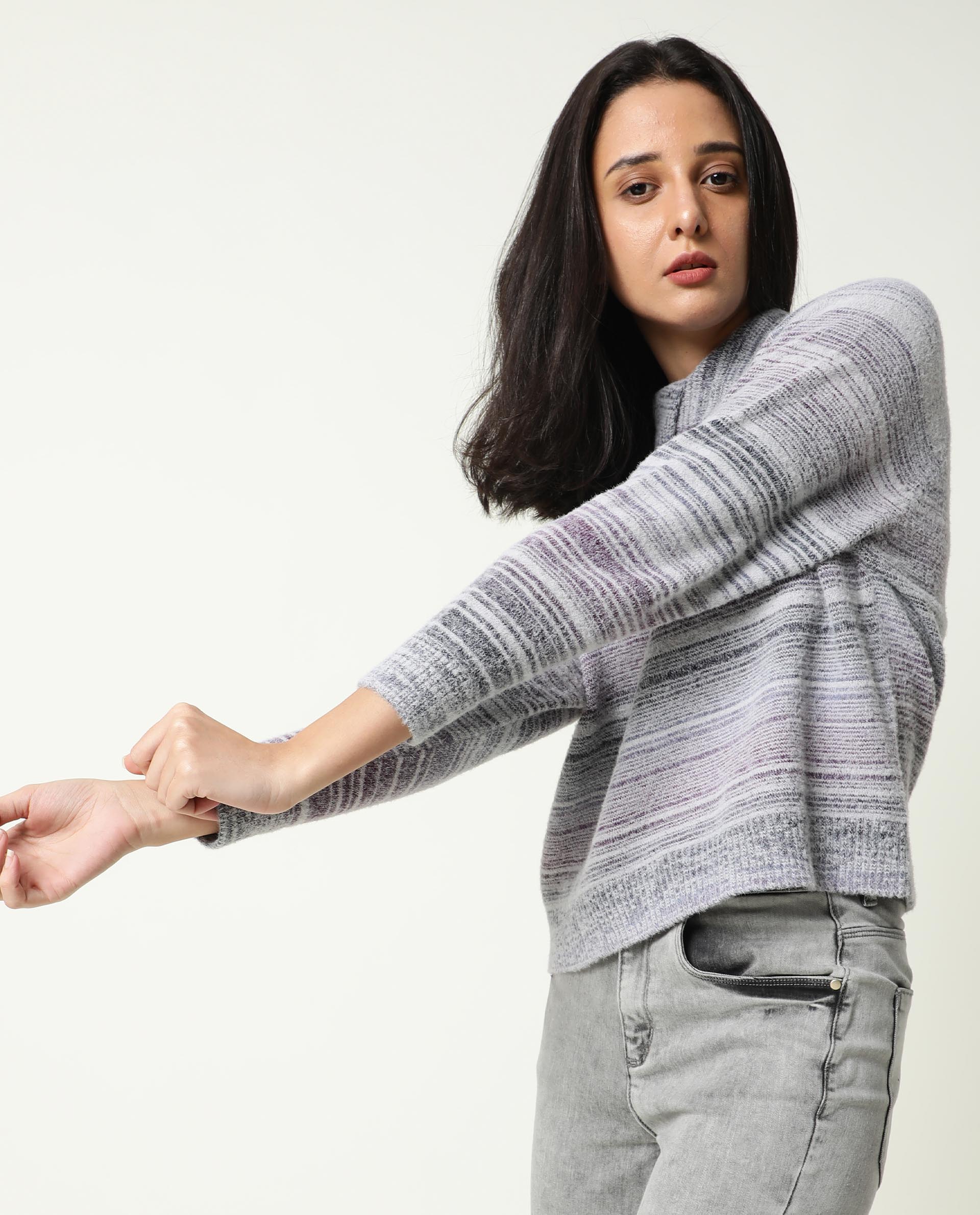 Rareism Women Rosalva Melange Grey Nylon Fabric Full Sleeves Knee Length Regular Fit Ombre High Neck Sweater