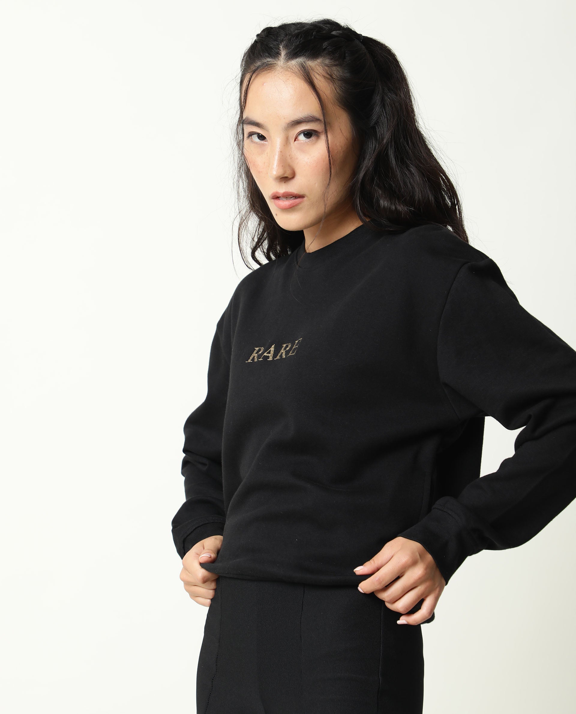 Rareism Womens Goldy Black Sweatshirt Crew Neck Full Sleeve Cotton Blend Fabric Relaxed Fit