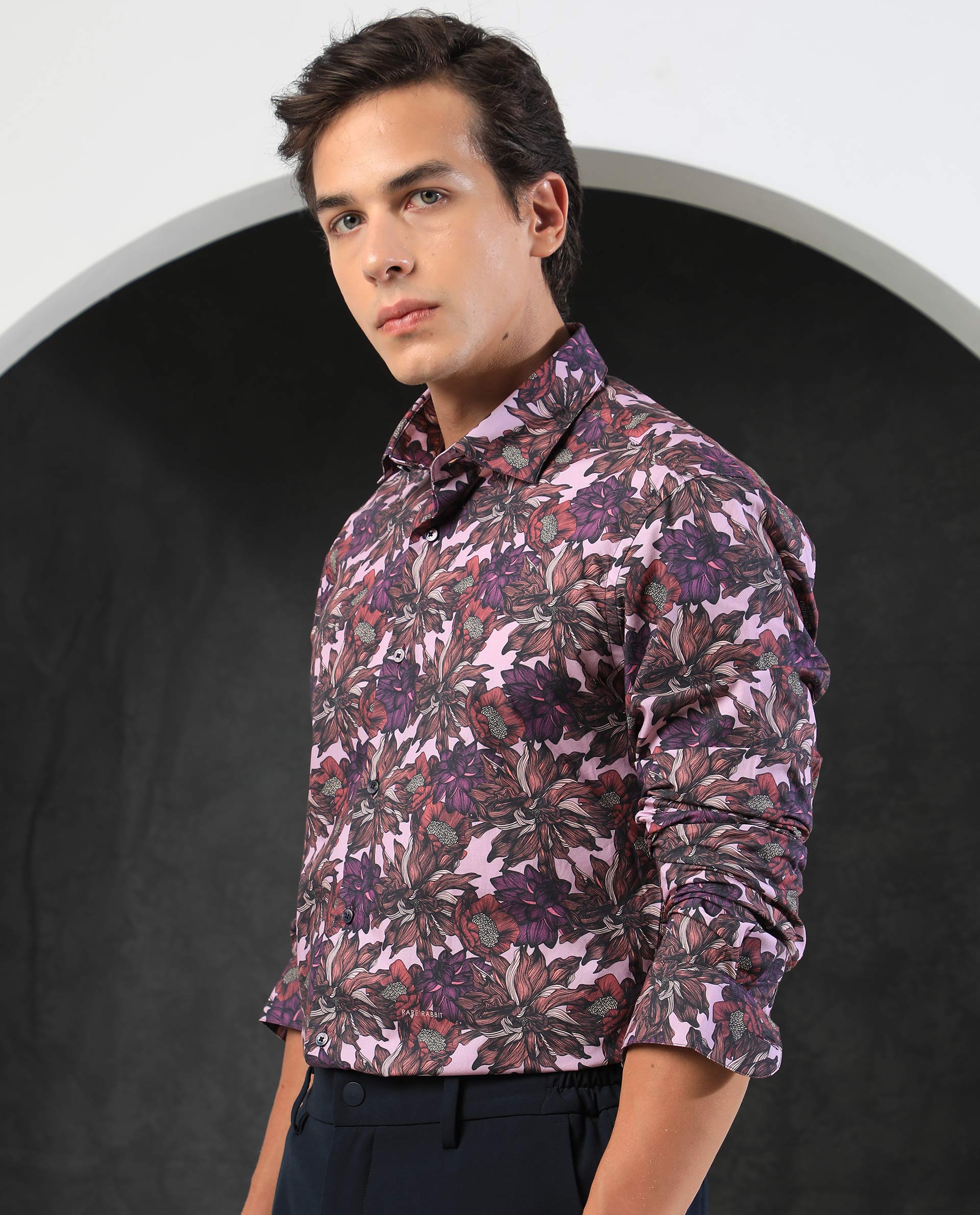 Rare Rabbit Men's Ezees Purple Cotton Fabric Floral Print Full Sleeves Shirt