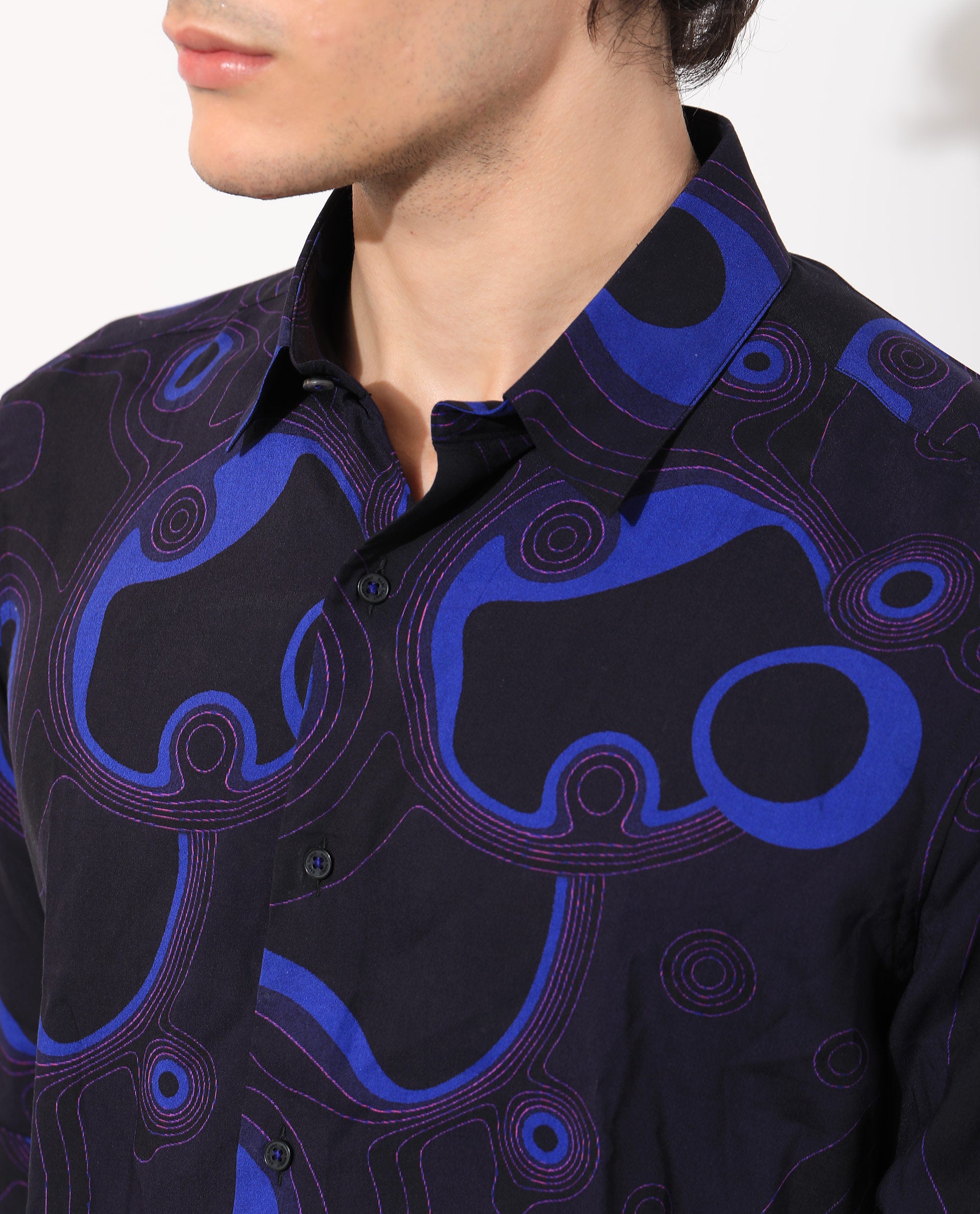 Rare Rabbit Men's Inlet Navy Viscose Fabric Abstract Print Full Sleeves Shirt