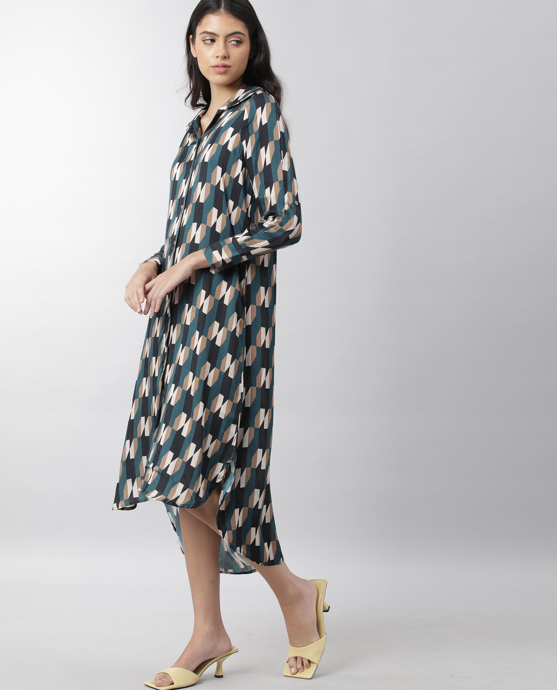 Rareism Womens Satarry Black Dress Modal Fabric Regular Fit Full Sleeve Collared Neck