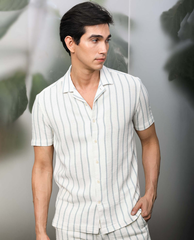 Rare Rabbit Men's Nanos Off White Cotton Fabric Cuban Collar Half Sleeves Loosely Knit Stripe Shirt