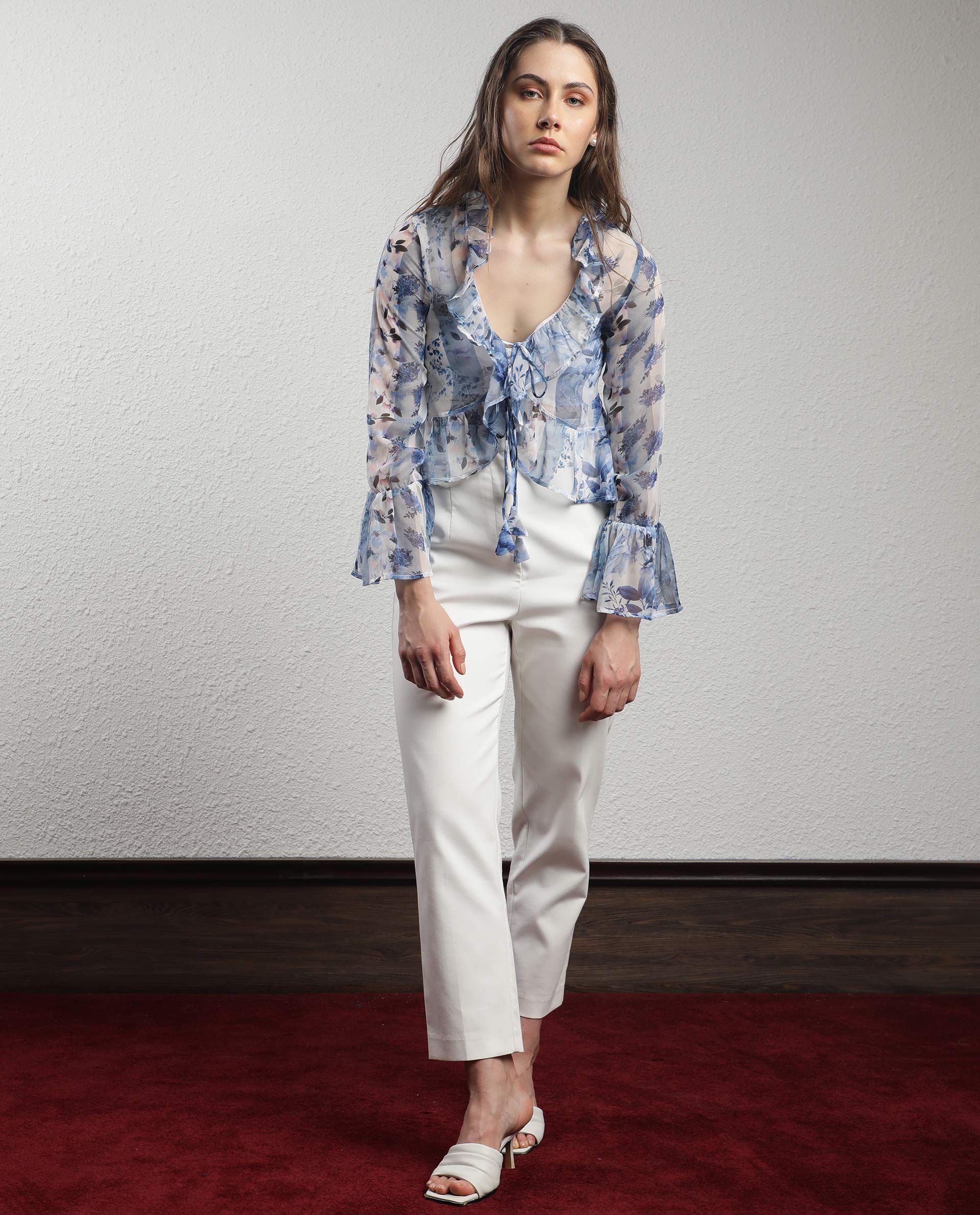 Rareism Women Julieta Light Blue Polyester Fabric Full Sleeves Drawstring Closure V-Neck Bell Sleeve Regular Fit Abstract Print Shrug