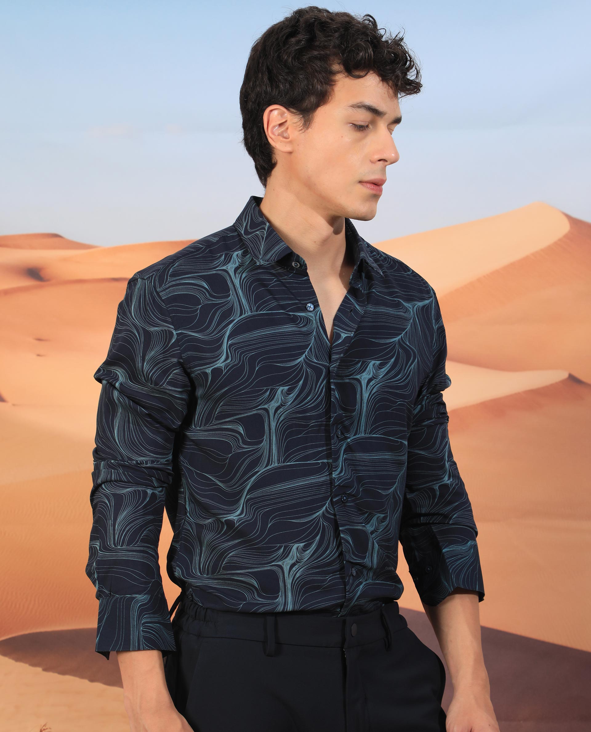 Rare Rabbit Men's Gravel Navy Viscose Fabric Abstract Print Full Sleeves Shirt