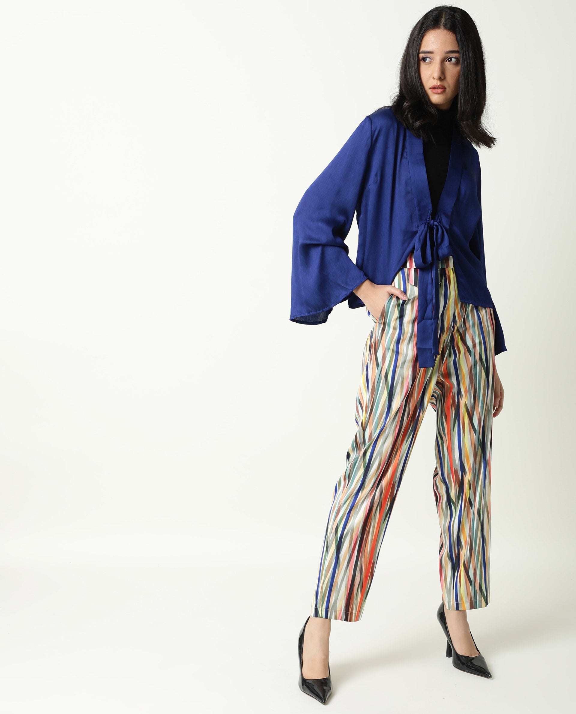 Rareism Women Cuff Blue Polyester Fabric Regular Fit Solid Shawl Collar Outer Wear