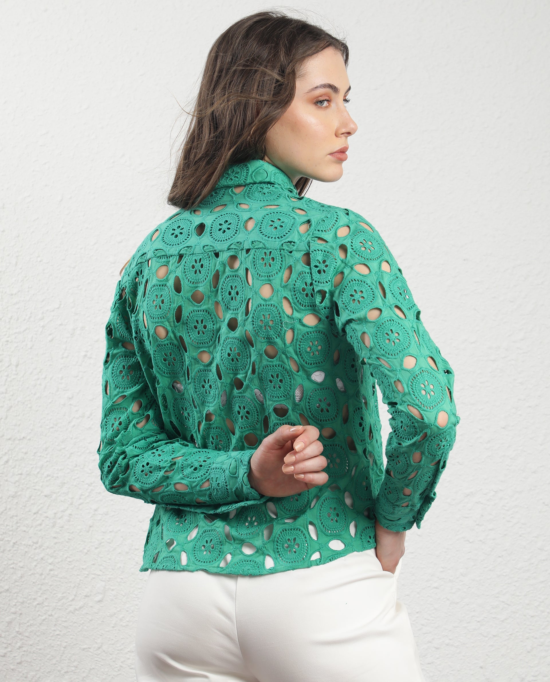 Rareism Women Olivia Green Top Cotton Fabric Full Sleeves Solid