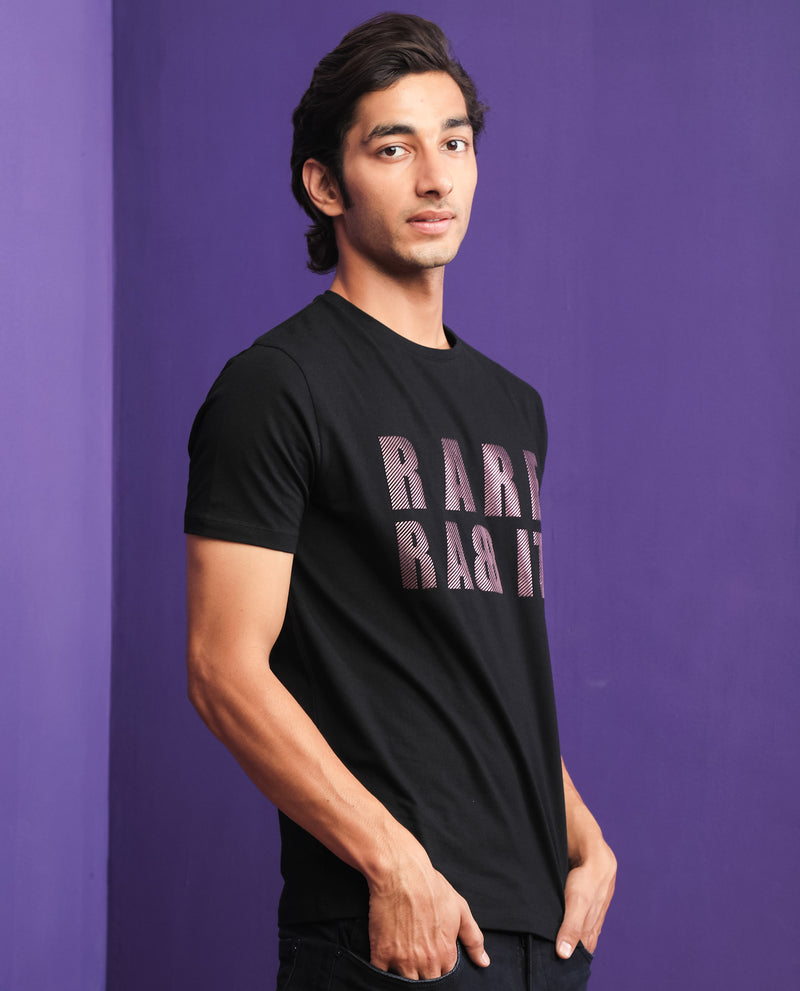 Rare Rabbit Mens Electricc Black Cotton Lycra Fabric Short Sleeves Crew Neck Slim Fit T-Shirt