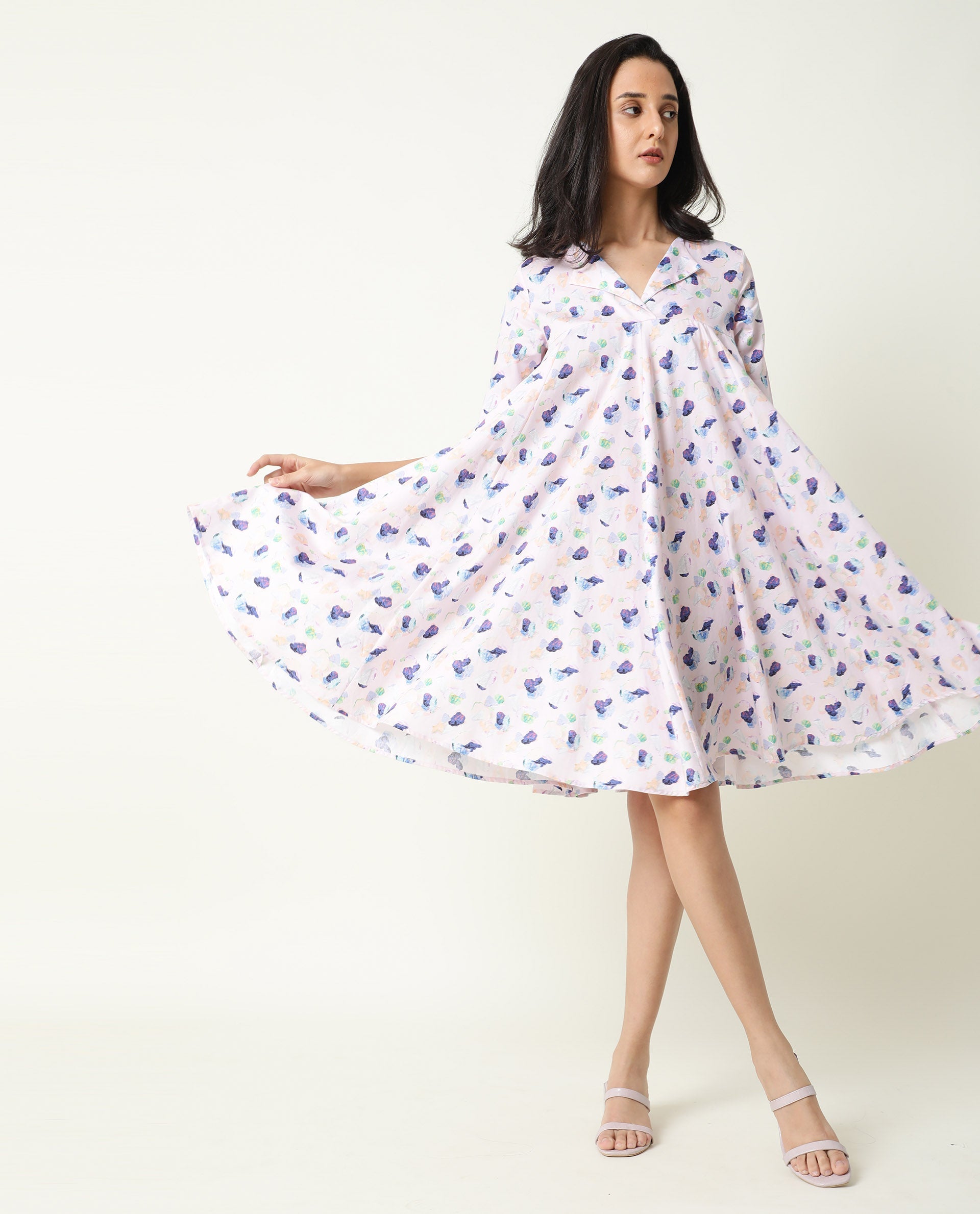 Rareism Women Allia Pink Printed Overlap Lapel Collar Short Sleeves Flared Mini Dress