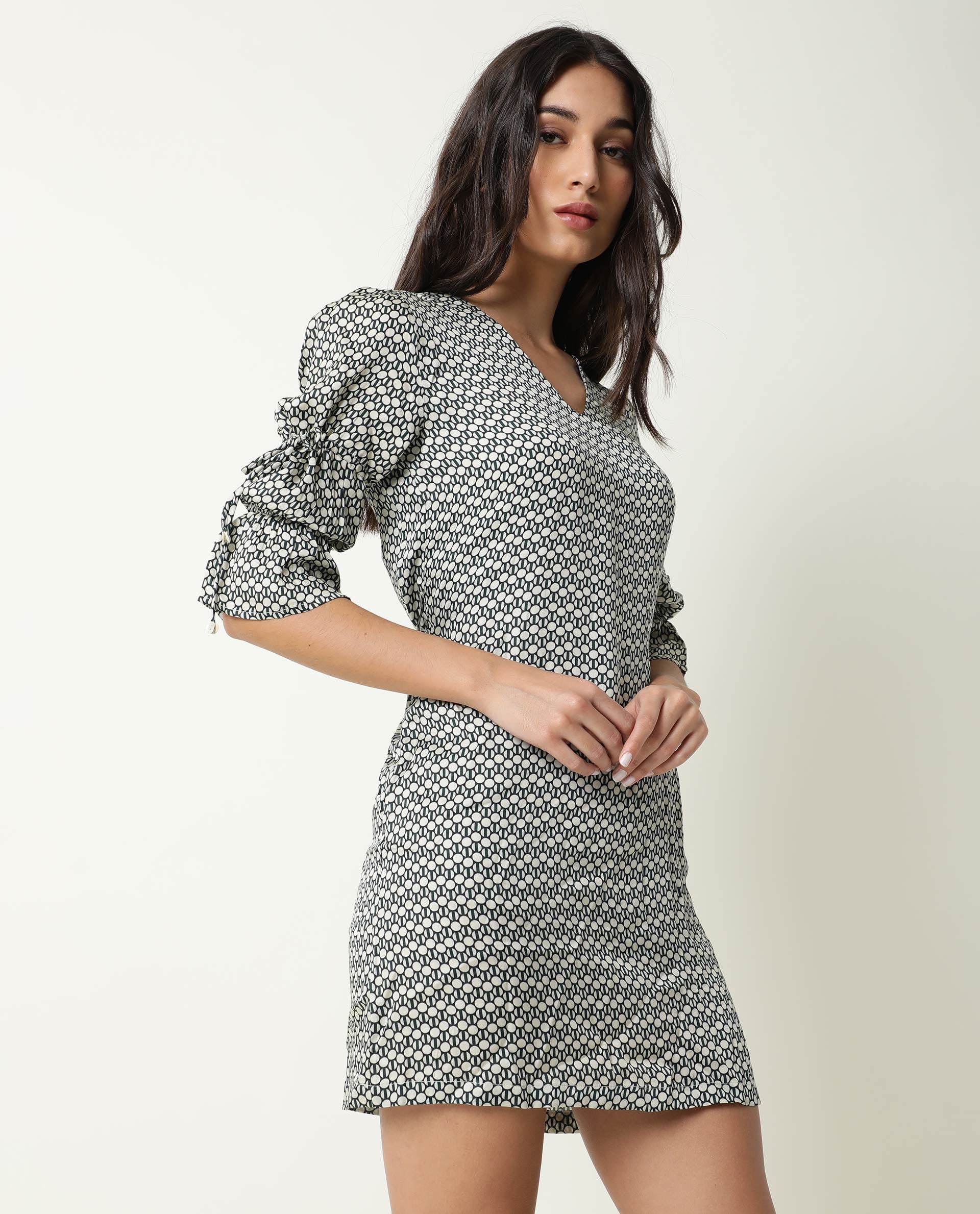 Rareism Women Cecilia Beige Geometric Print V Neck Short Sleeves With Drawstring Mini Dress