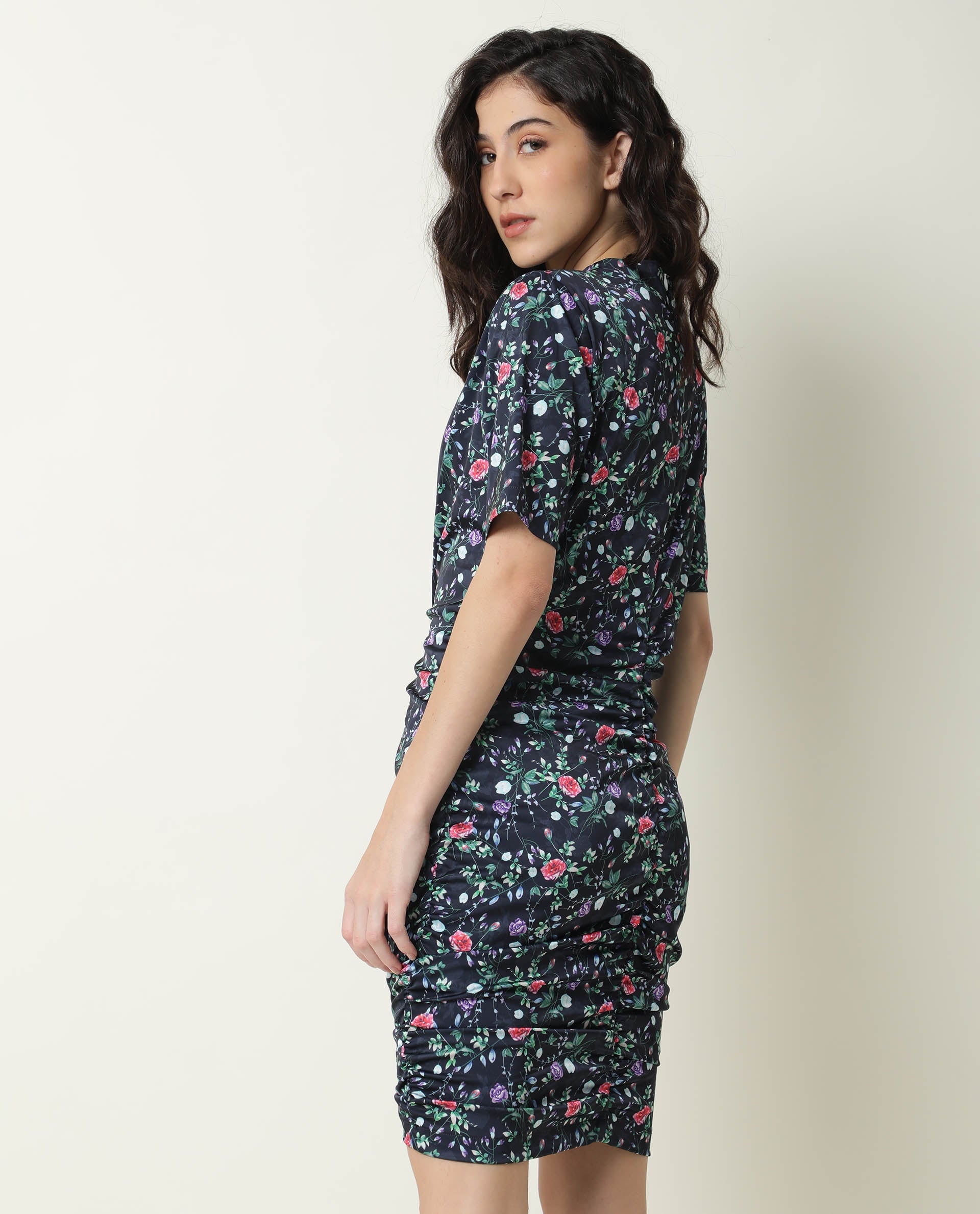 Rareism Women John Navy Floral Print High Neck Short Sleeves Ruching At Sides And Back With Back Zip Closure Mini Dress