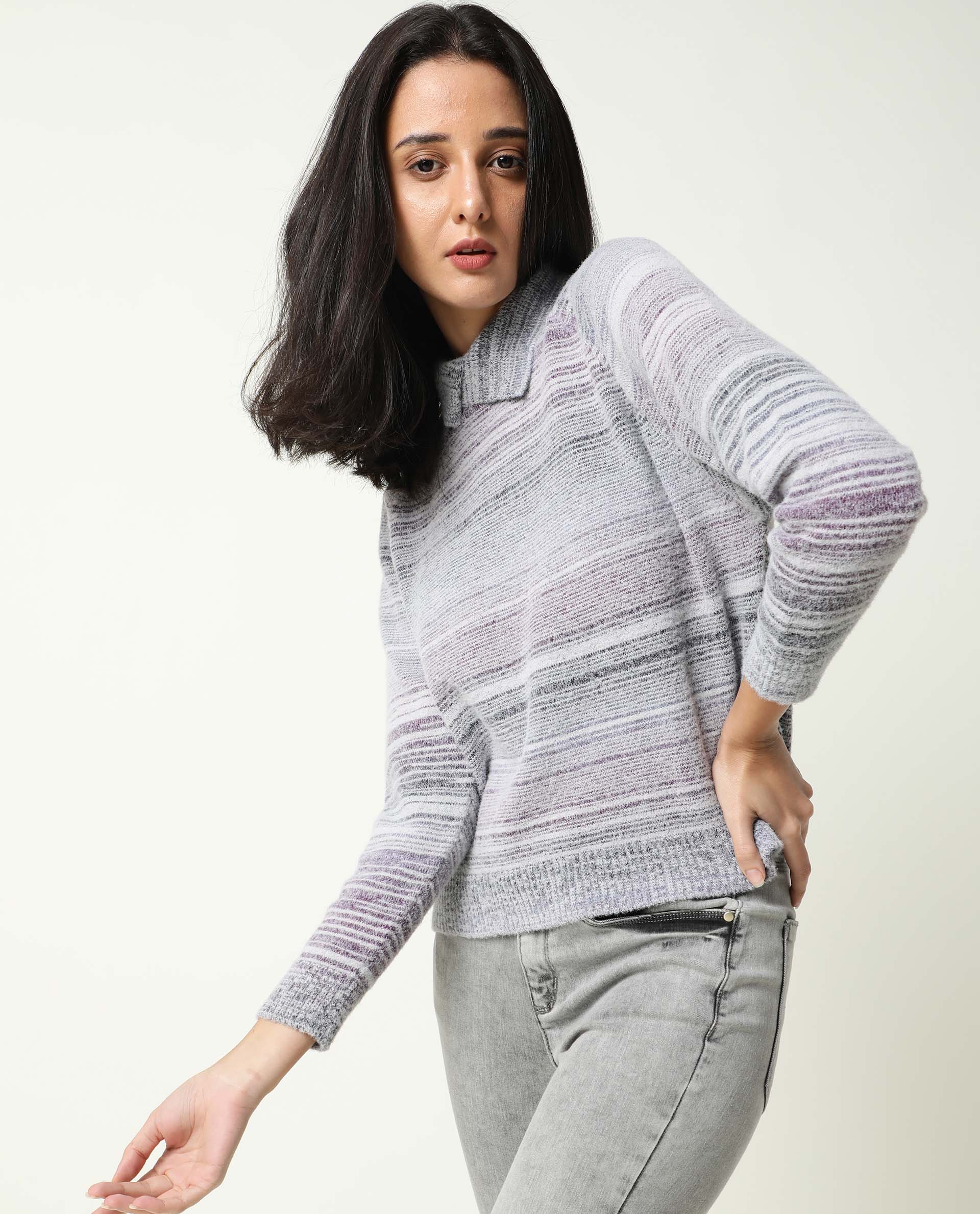 Rareism Women Rosalva Melange Grey Nylon Fabric Full Sleeves Knee Length Regular Fit Ombre High Neck Sweater