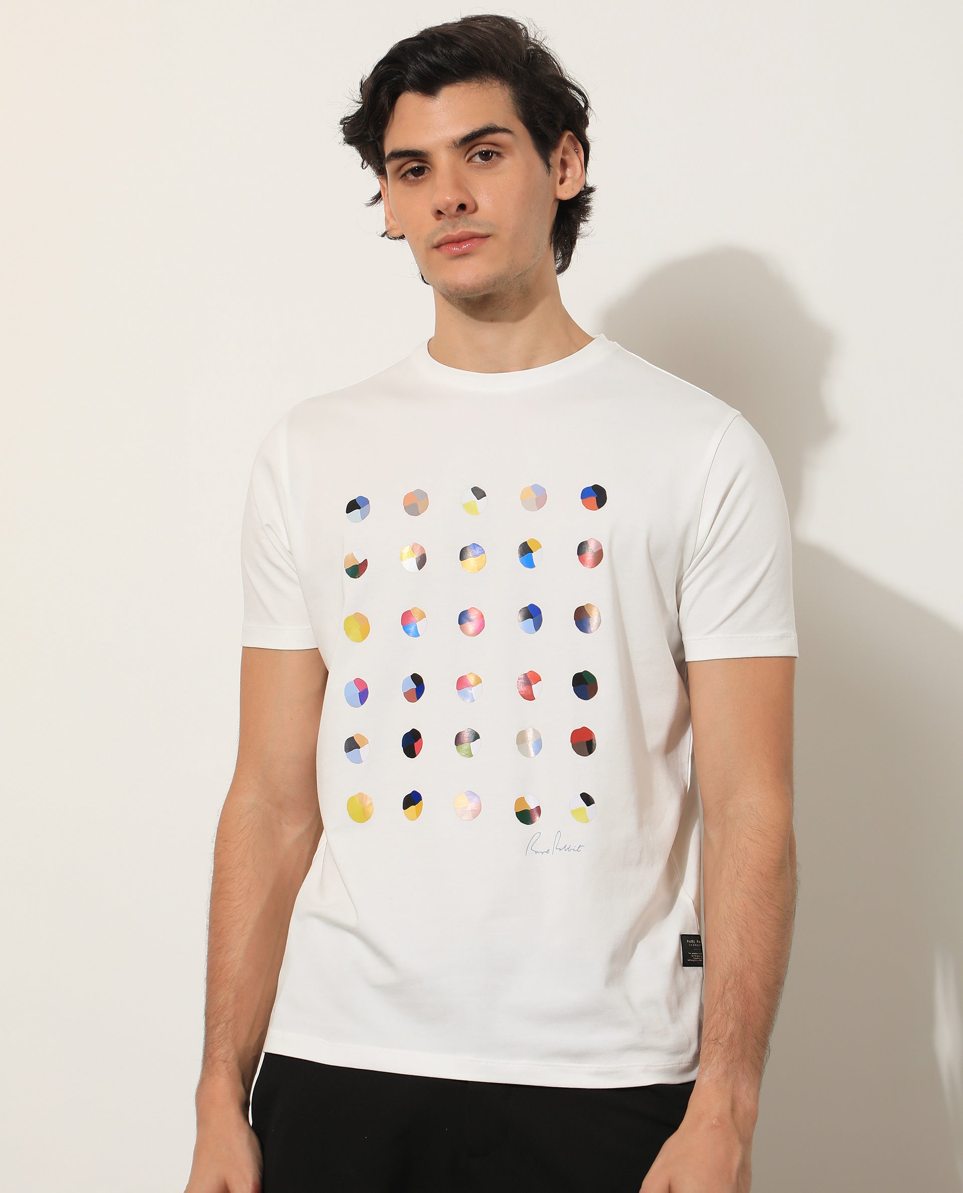 Rare Rabbit Men's Flips Off White Crew Neck Abstract Polka Print Half Sleeves Slim Fit T-Shirt