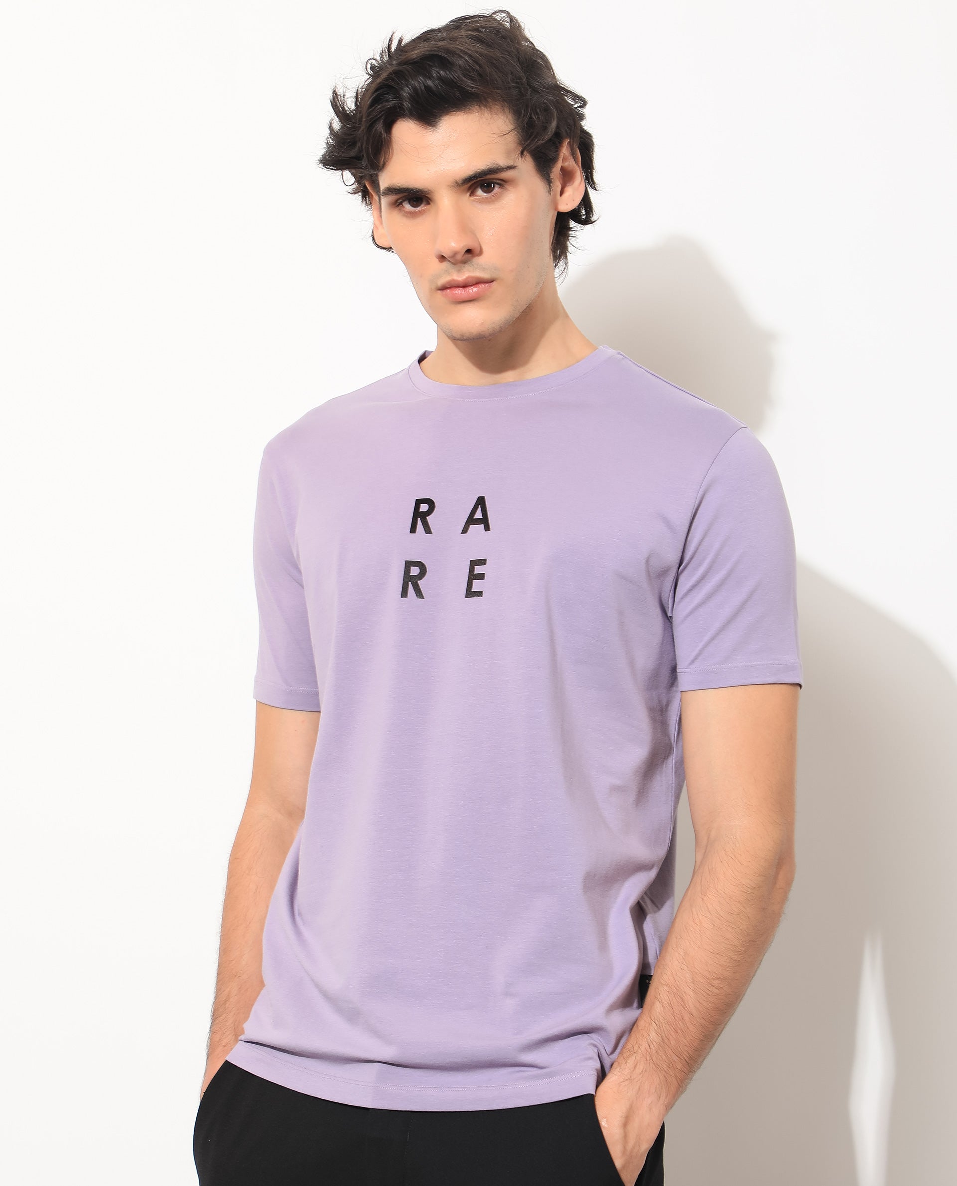 Rare Rabbit Men's Lalyy Purple Cotton Graphic Print Slim Fit Half Sleeve Crew Neck T-Shirt