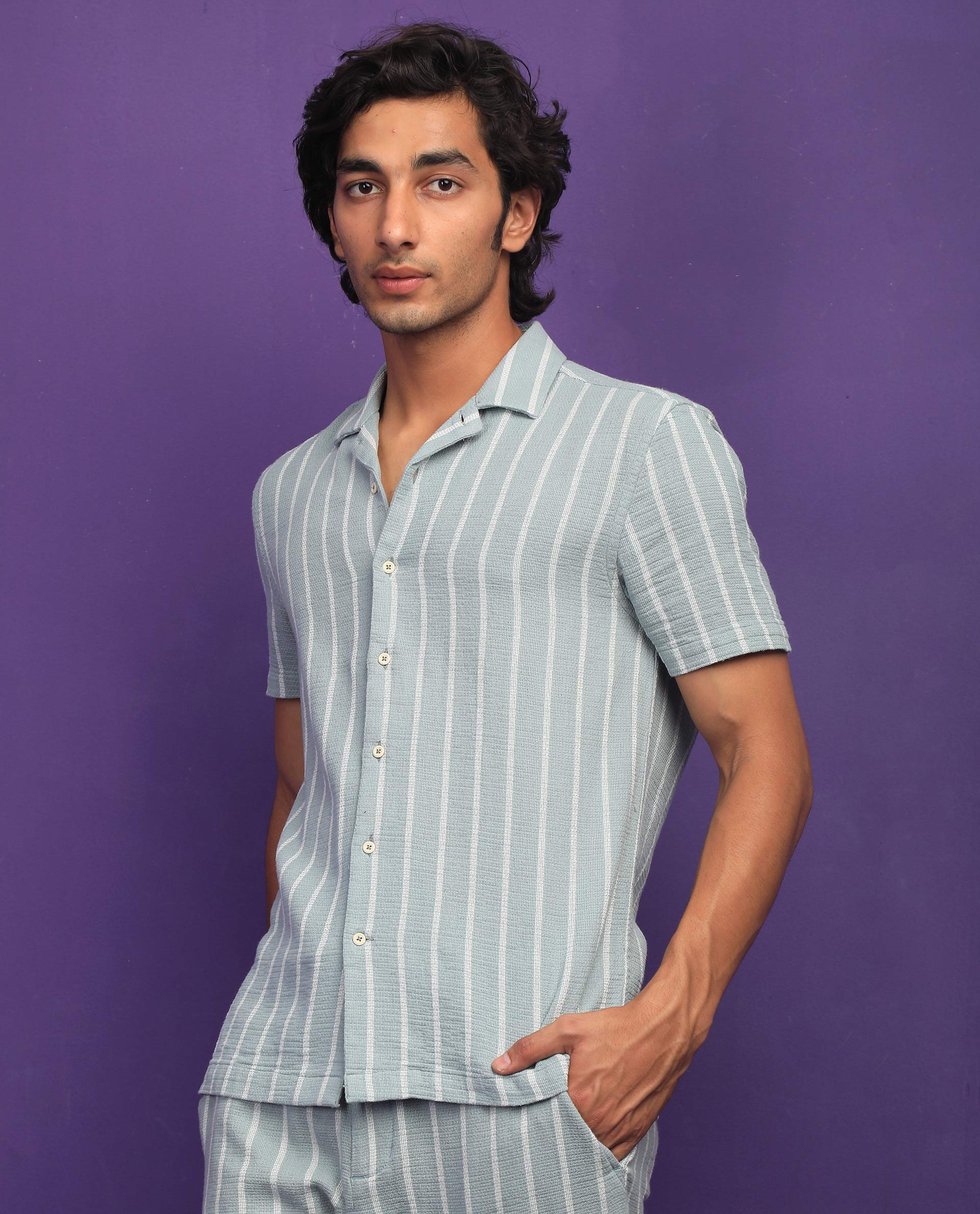 Rare Rabbit Men's Nanos Pastel Green Cotton Fabric Cuban Collar Half Sleeves Loosely Knit Stripe Shirt