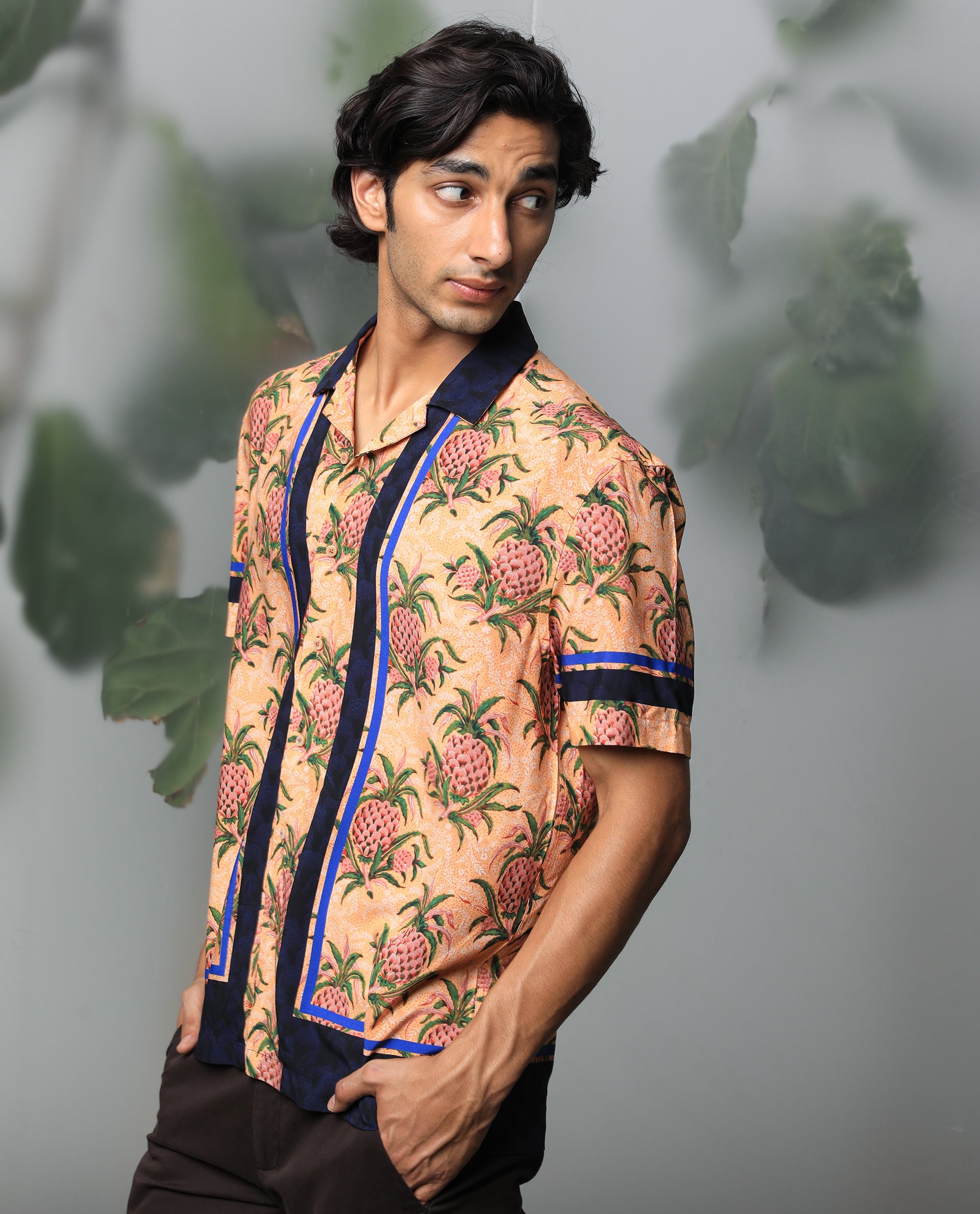 Rare Rabbit Men's Banes Beige Cotton Fabric Cuban Collar Floral Print Half Sleeves Shirt