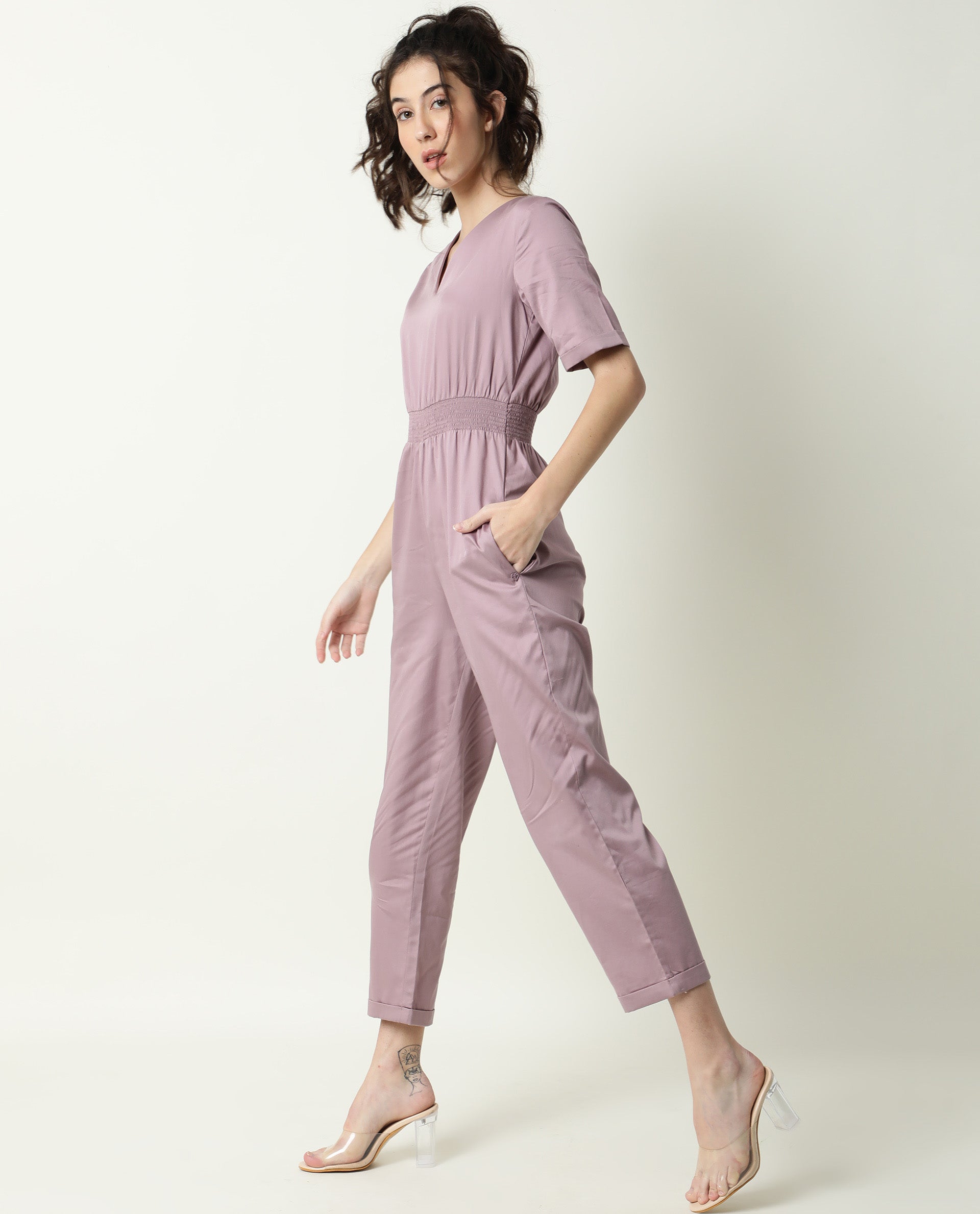 Rareism Women Husky Dusky Pink Cotton Satin Fabric Regular Fit Ankle Length Solid Jumpsuit