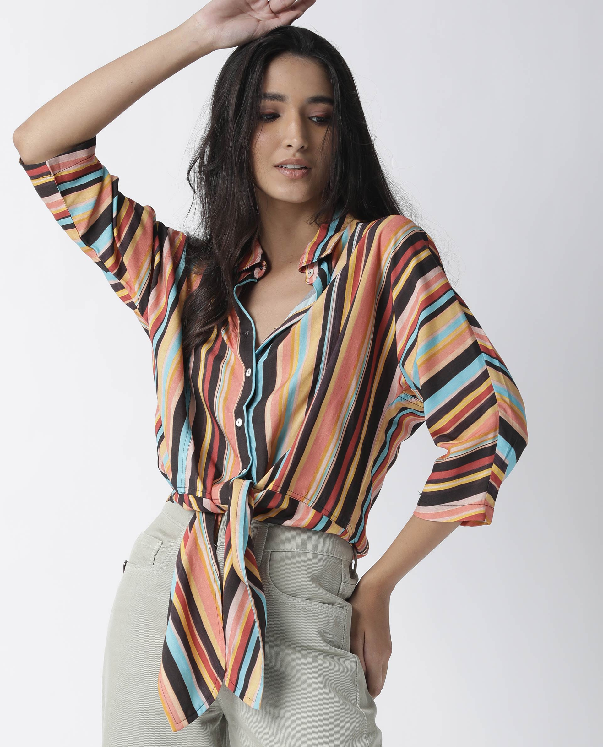 Rareism Womens Drumroll Multi Top Viscose Fabric Regular Fit 3/4 Sleeve Collared Neck