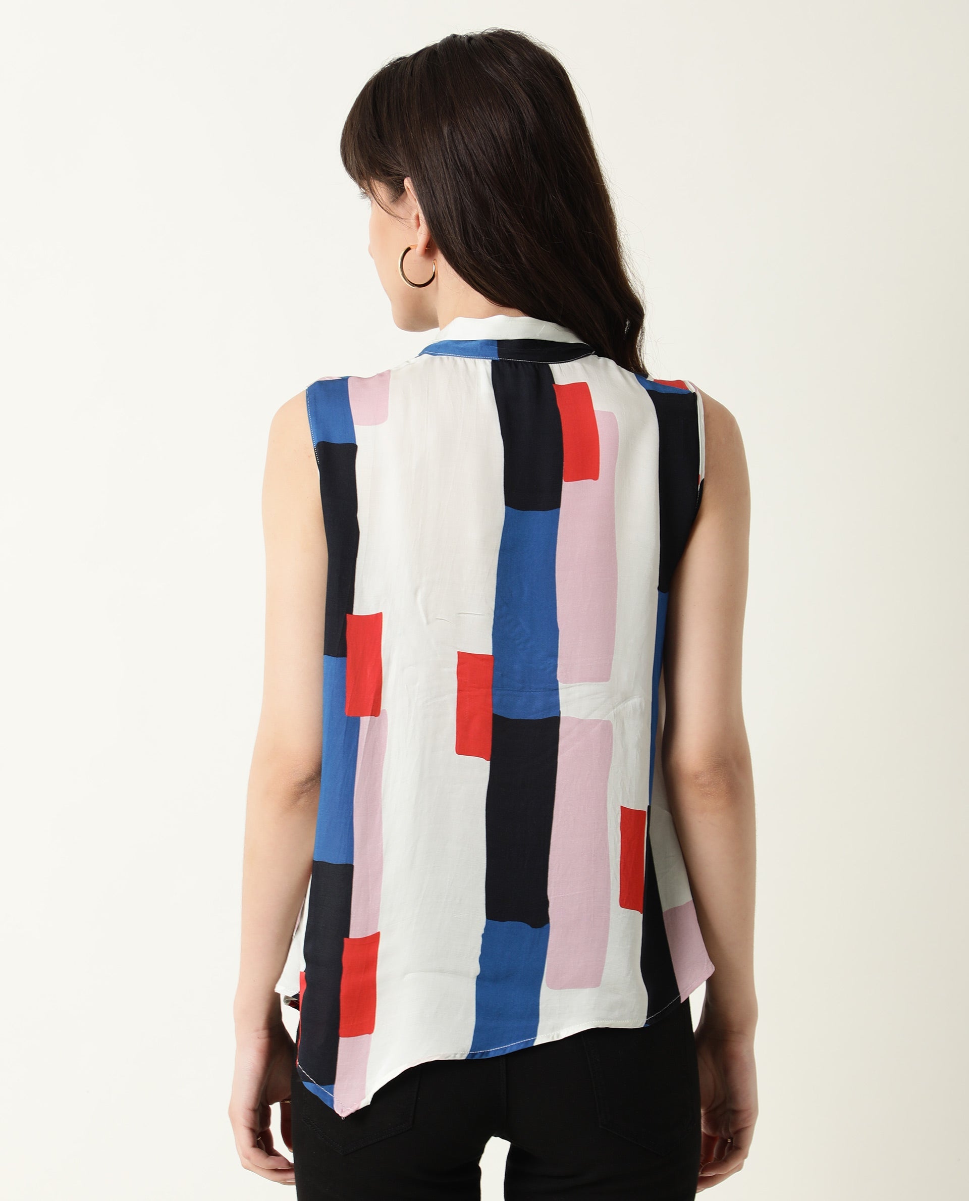 Rareism Womens Jazzes White Top Modal Satin Fabric Regular Fit Sleeveless Tie Up Neck