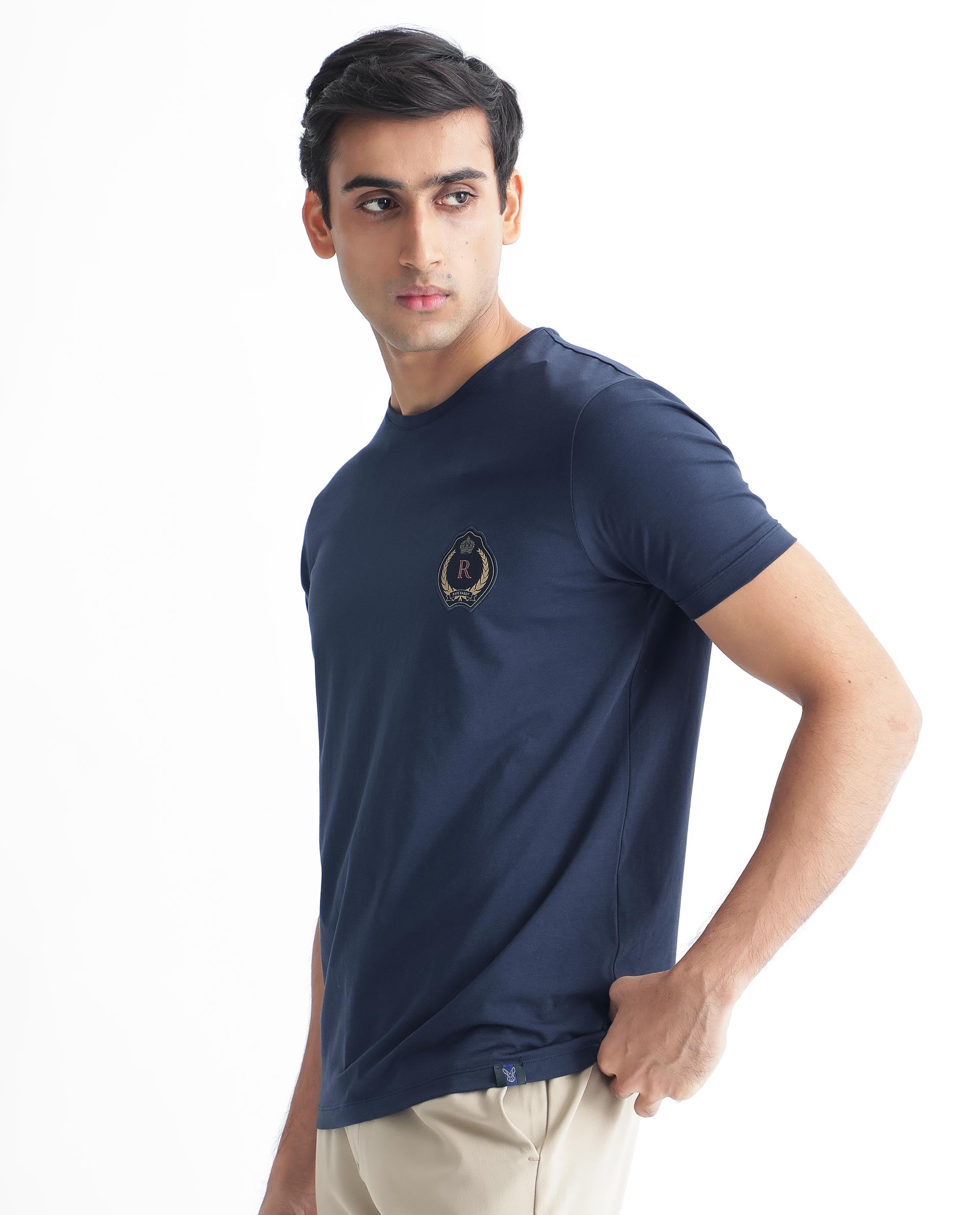 Rare Rabbit Men's Kos Navy Solid Crew Neck Chest Embroidered Label Branding Half Sleeves Regular Fit T-Shirt
