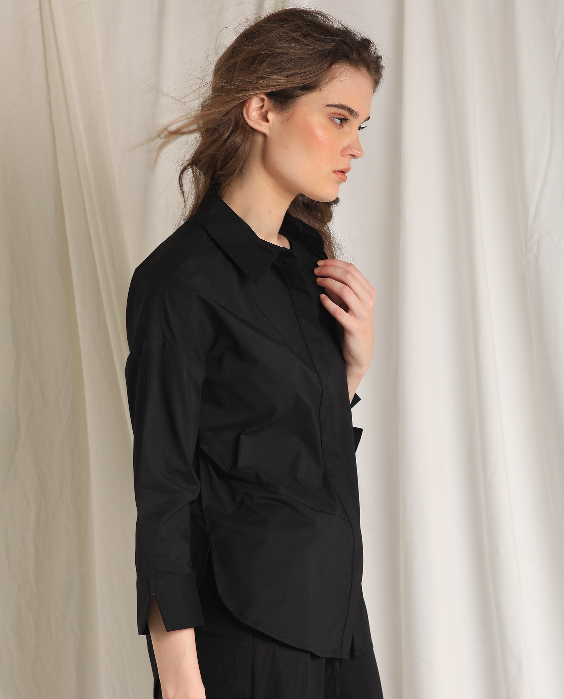 Rareism Womens Eleven Black Top Polyester Fabric Regular Fit 3/4 Sleeve Collared Neck