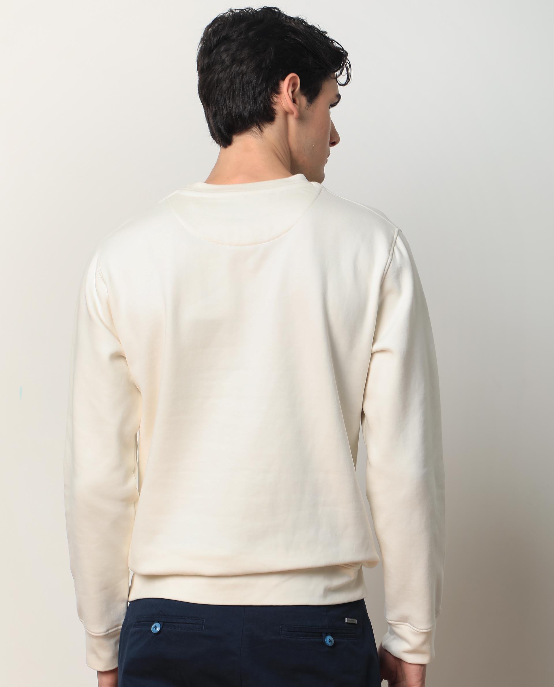 Rare Rabbit Mens Oakk Off White Full Sleeves Crew Neck Graphic Logo Print Sweatshirt
