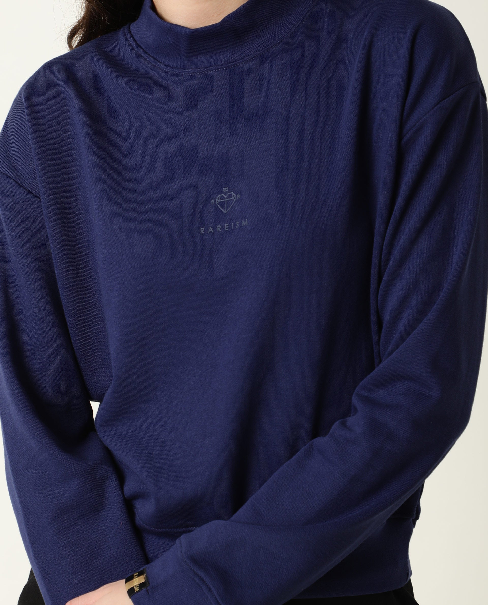 Rareism Women Necker Blue  Relaxed Fit Full Sleeves Solid High Neck Sweatshirt