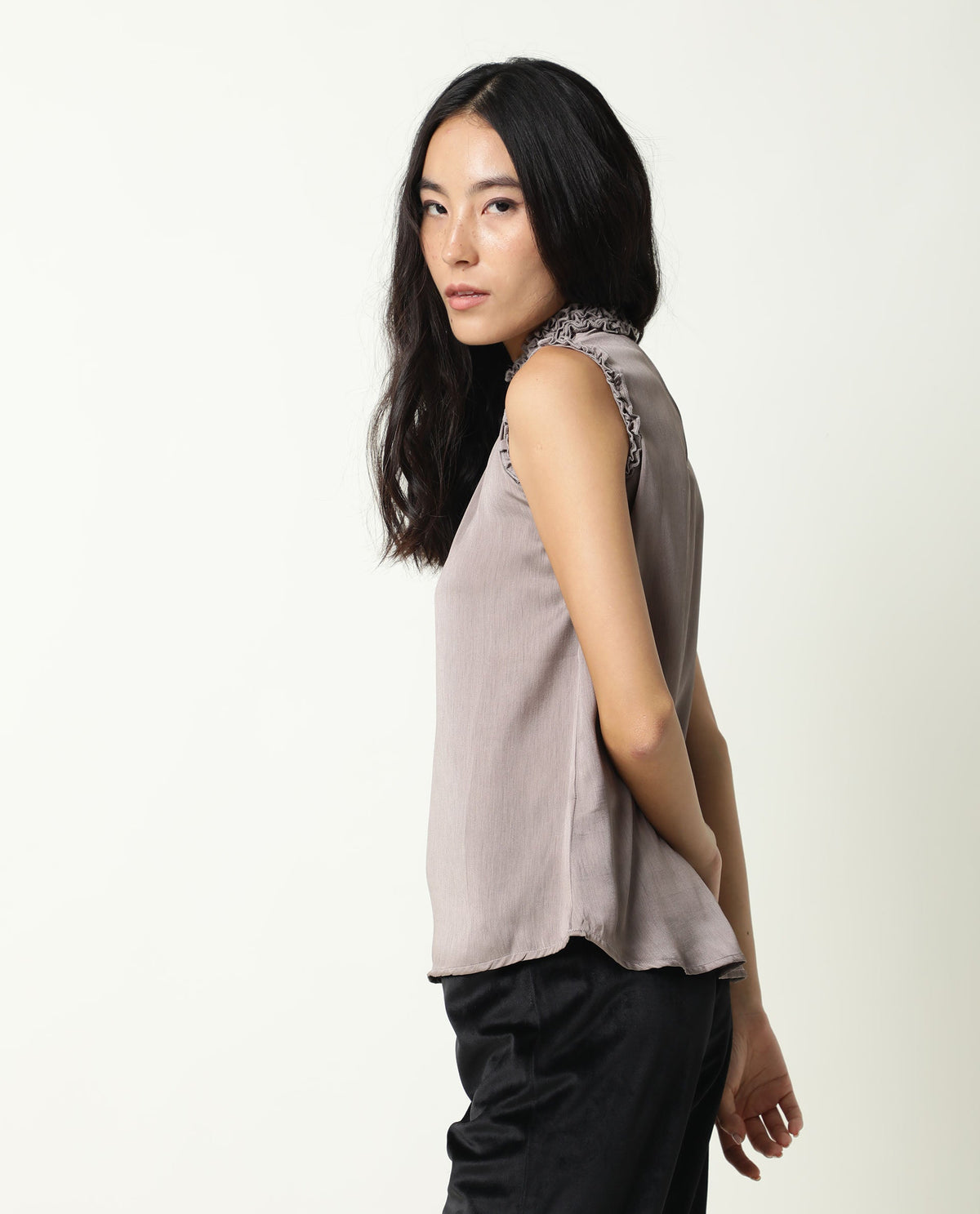 Rareism Womens Baileys Beige Top Polyester Fabric  Sleeveless Ruffled Neck