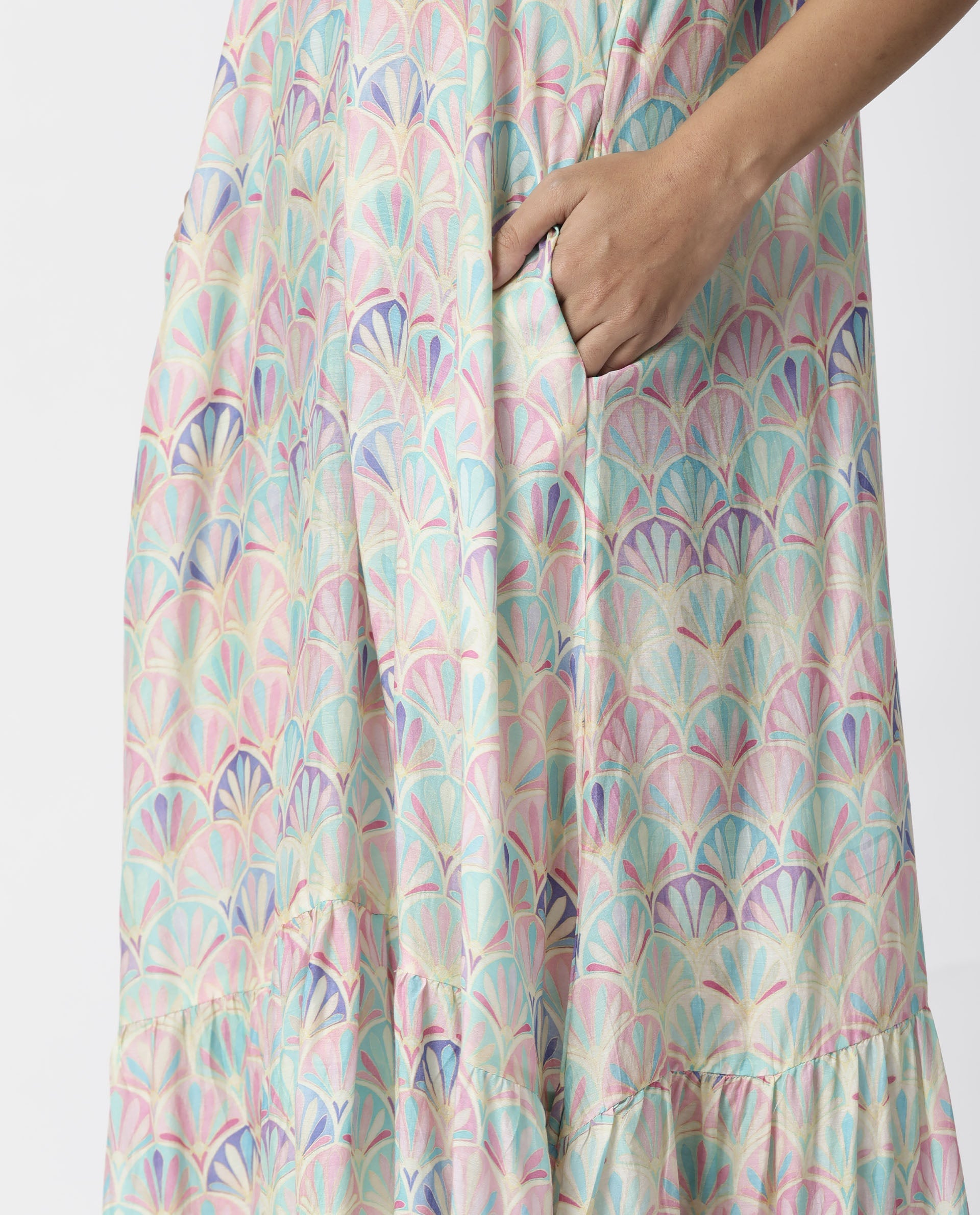 Rareism Women Prima Pink V Neck Spaghetti Back Tie Up Straps With Pockets Tiered Maxi Dress