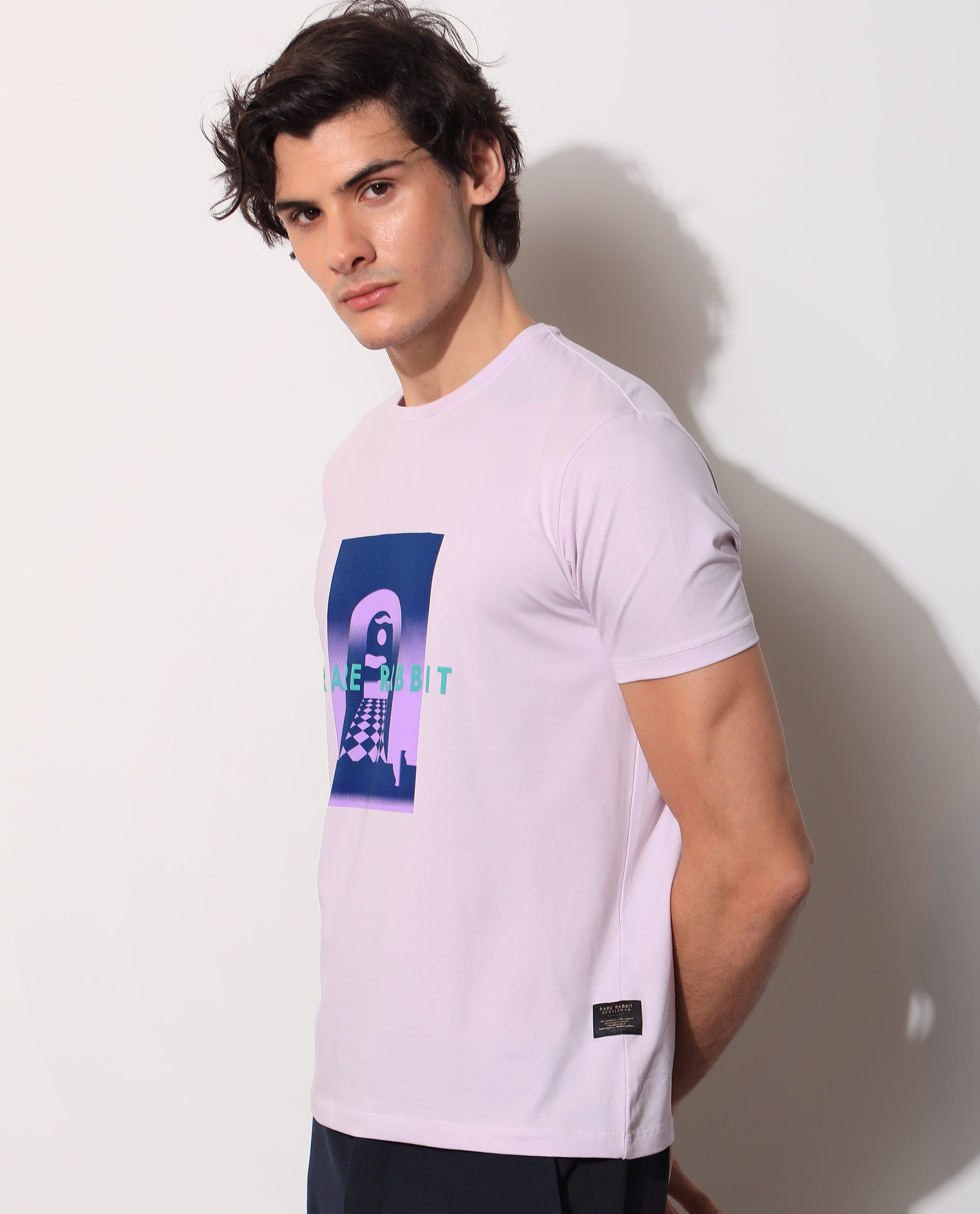 Rare Rabbit Men's Rives Pastel Purple Crew Neck Discharge and HD Print Branding Half Sleeves Slim Fit T-Shirt