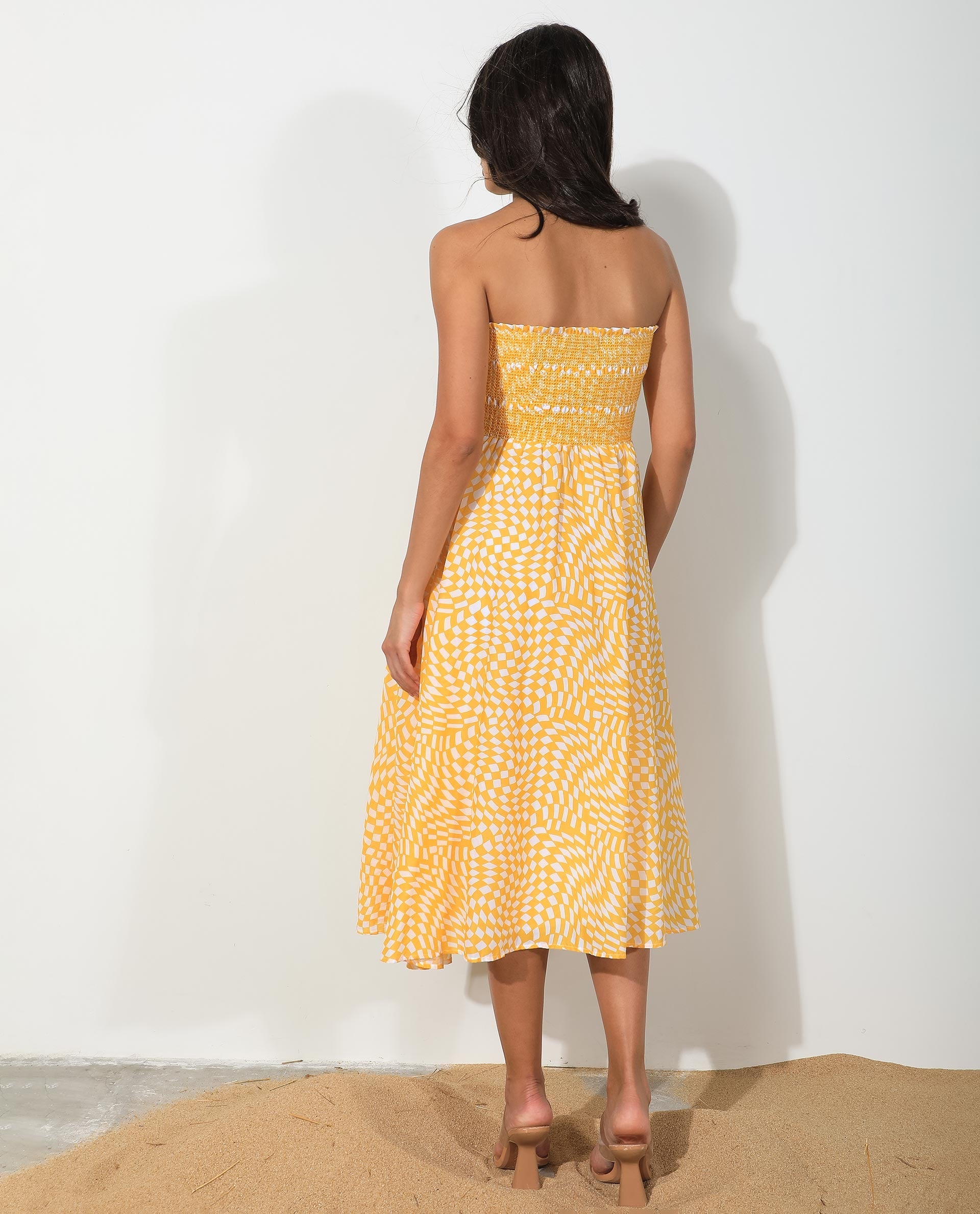 Rareism Women Daffodil Yellow Cotton Fabric Sleeveless Tube Neck Shoulder Straps Regular Fit Print Knee Length Dress