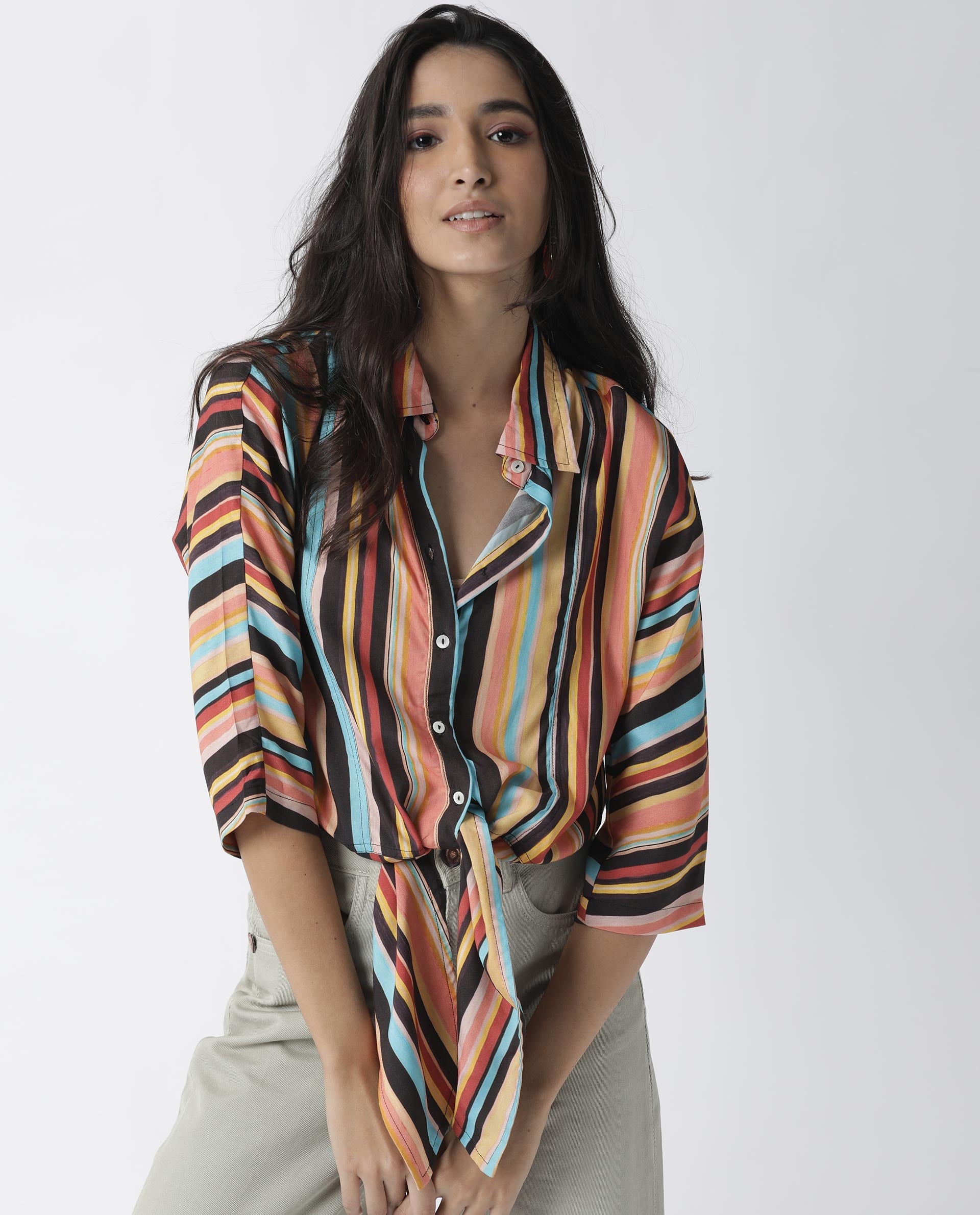 Rareism Womens Drumroll Multi Top Viscose Fabric Regular Fit 3/4 Sleeve Collared Neck