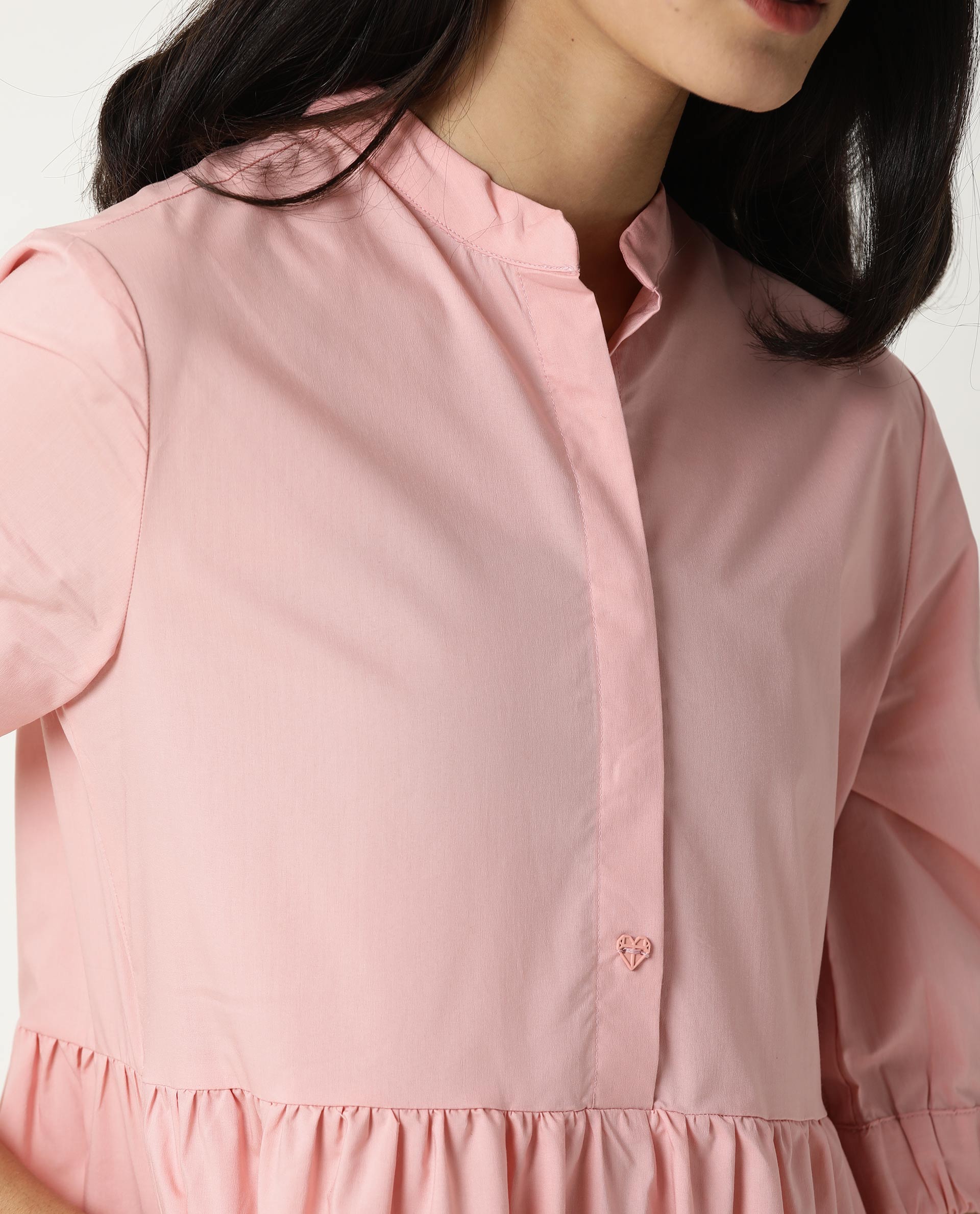 Rareism Women Alena Pink Mandarin Collar 3/4 Sleeves With Pocket Tiered Knee Length Dress