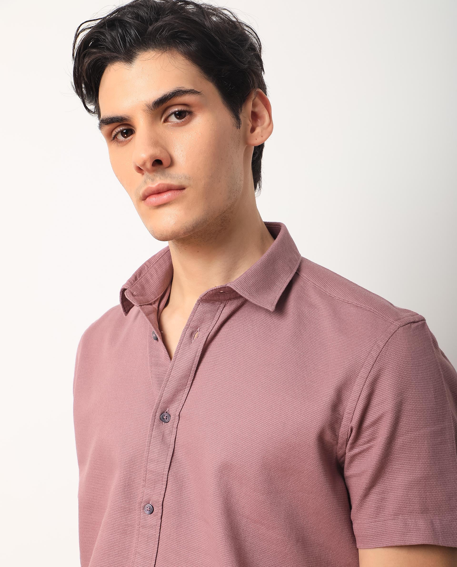 Rare Rabbit Men's Rissa Dusky Pink Cotton Fabric Half Sleeves Solid Dobby Shirt