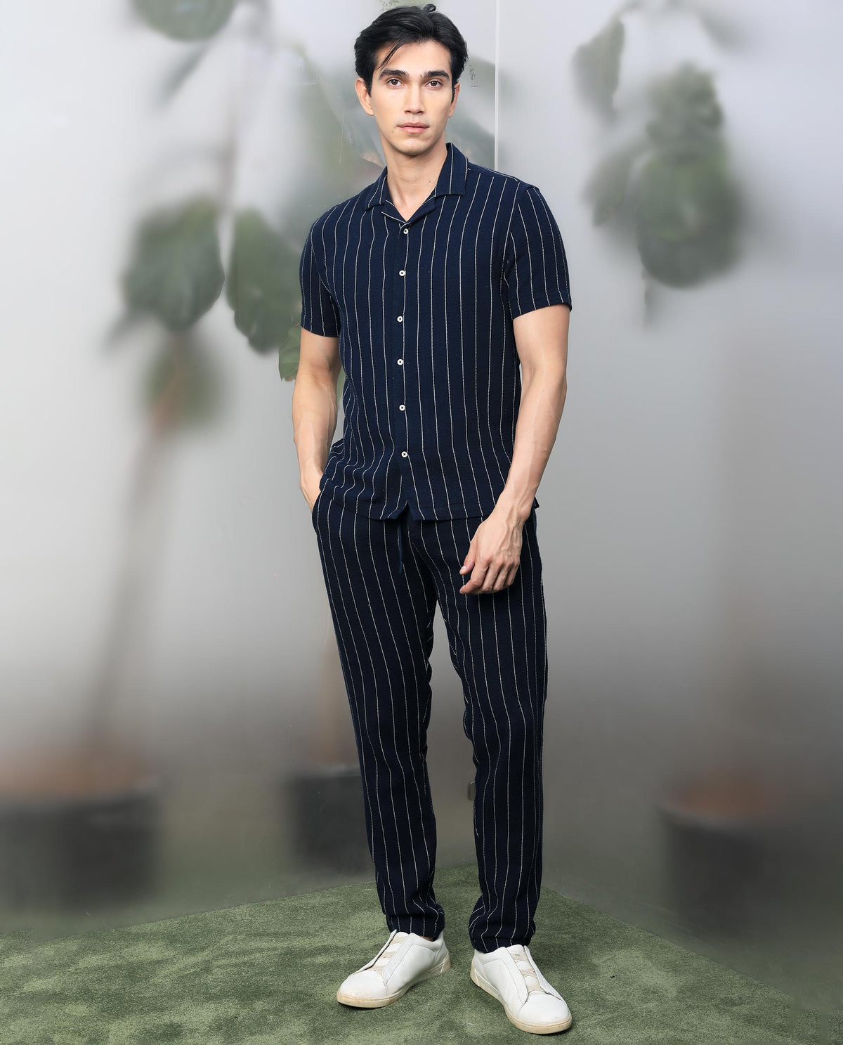 Rare Rabbit Men's Nano Navy Cotton Fabric Cuban Collar Half Sleeves Loosely Knit Stripe Shirt