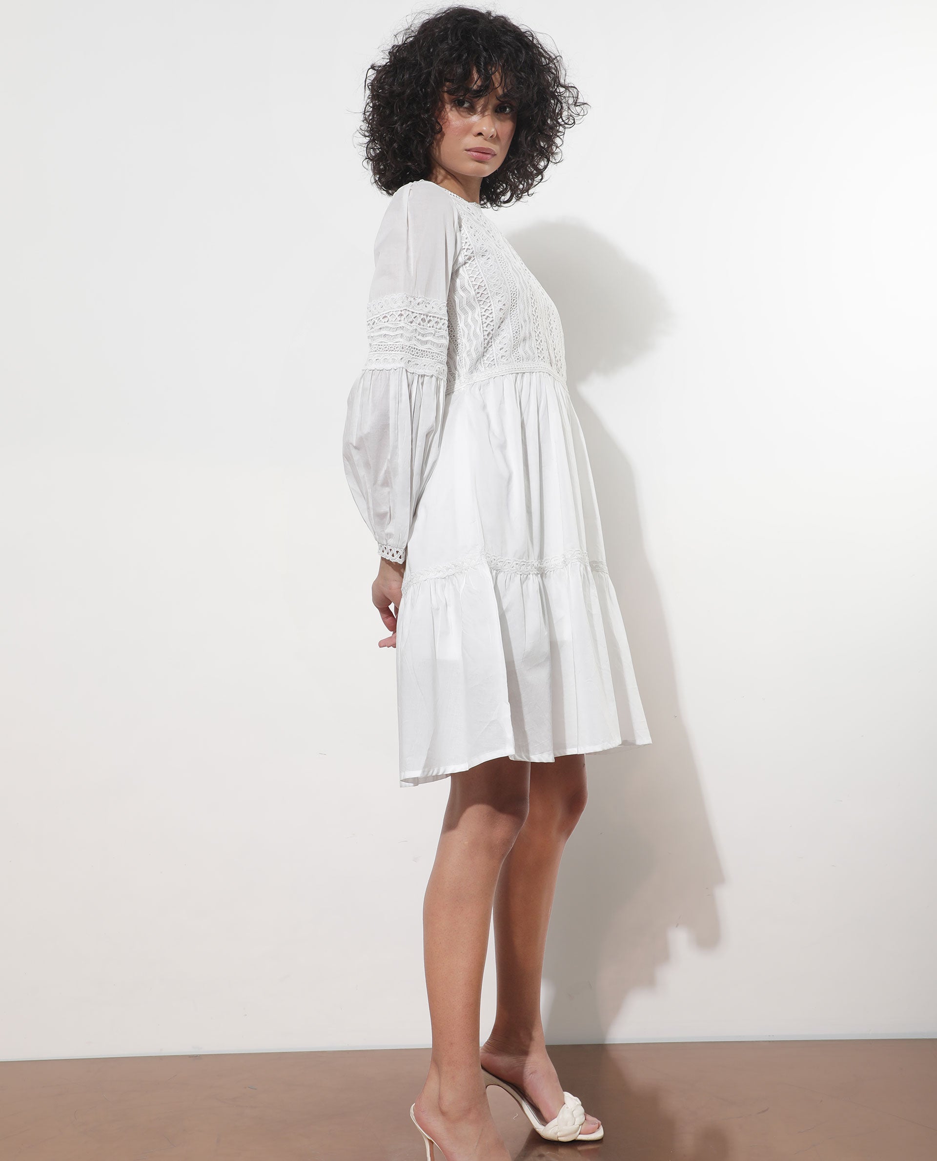 Rareism Women Darmini White Cotton Fabric Full Sleeves Round Neck Puff Sleeve Relaxed Fit Plain Knee Length Empire Dress