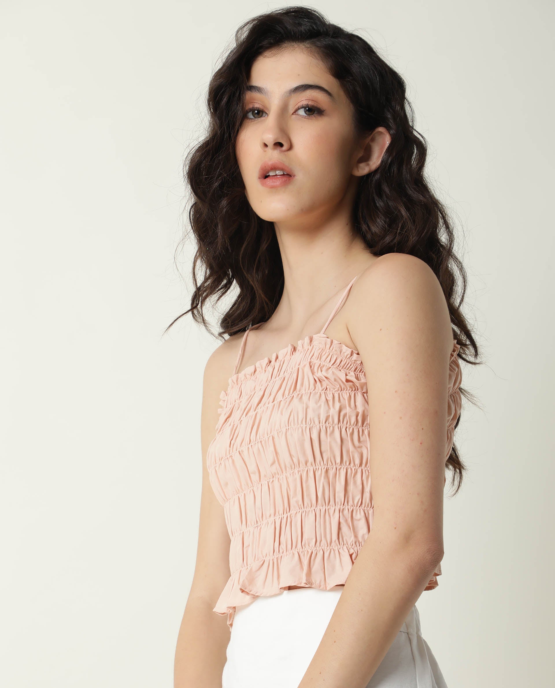 Rareism Womens Jaspersky Peach Top Cotton Fabric  Sleeveless Square Neck