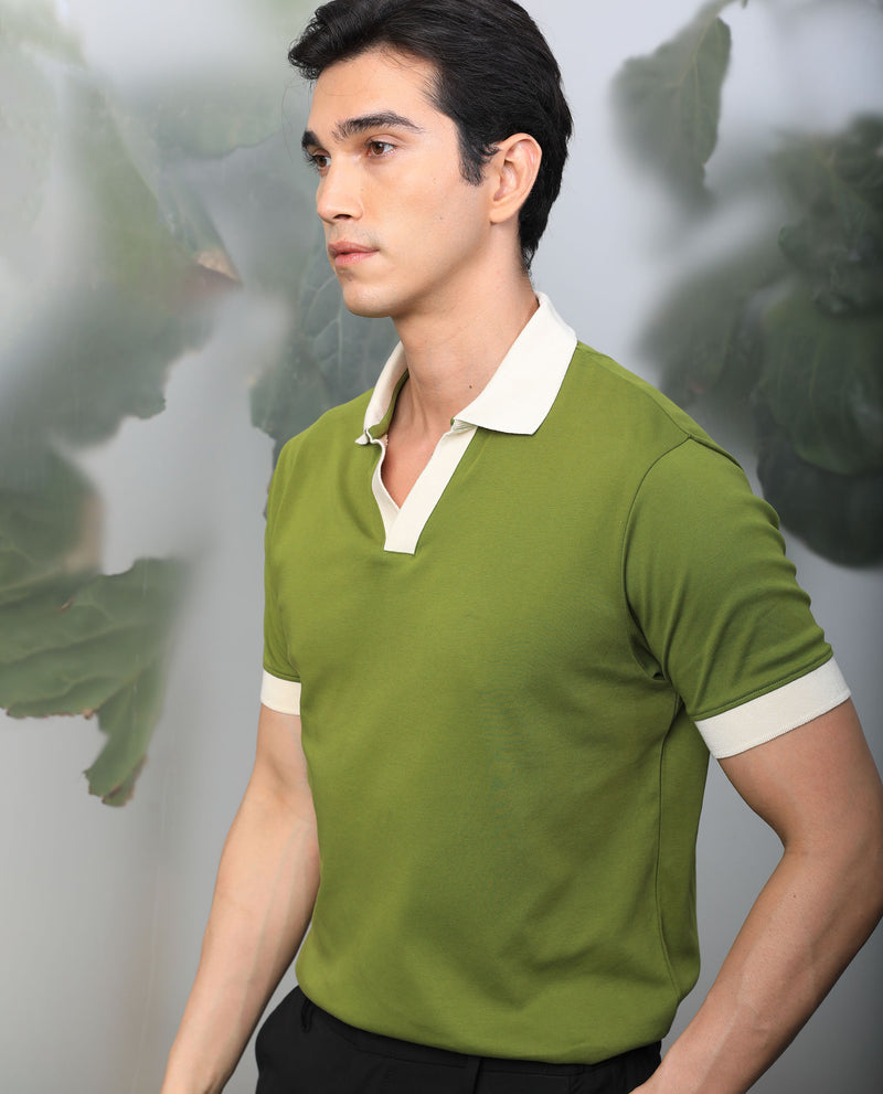 RARE RABBIT MEN'S CARMELO OLIVE POLO COTTON FABRIC SHORT SLEEVES COLLARED NECK SLIM FIT