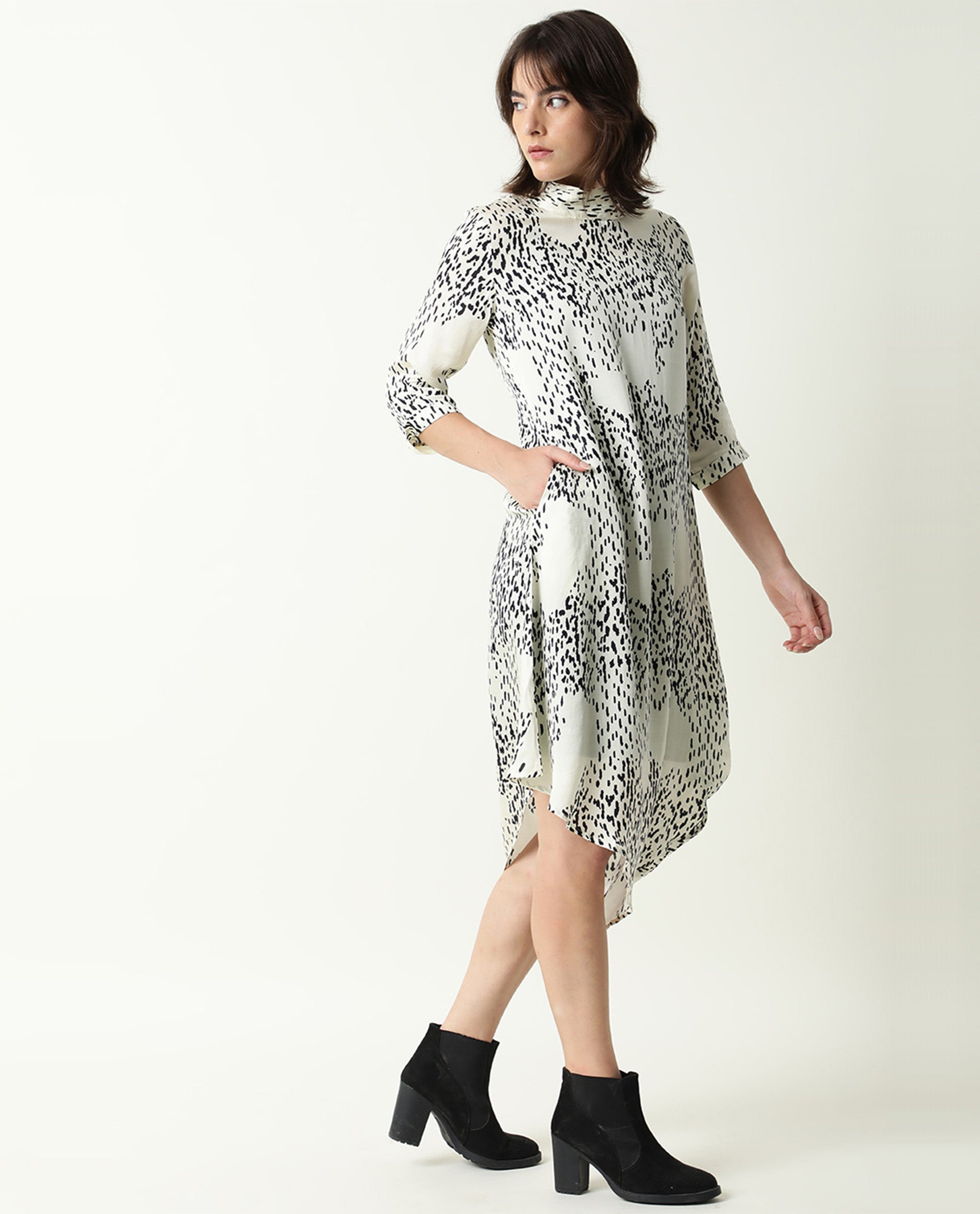 Rareism Women Zoella Off White Abstract High Neck 3/4 Sleeves With Pocket Asymmetrical Knee Length Dress