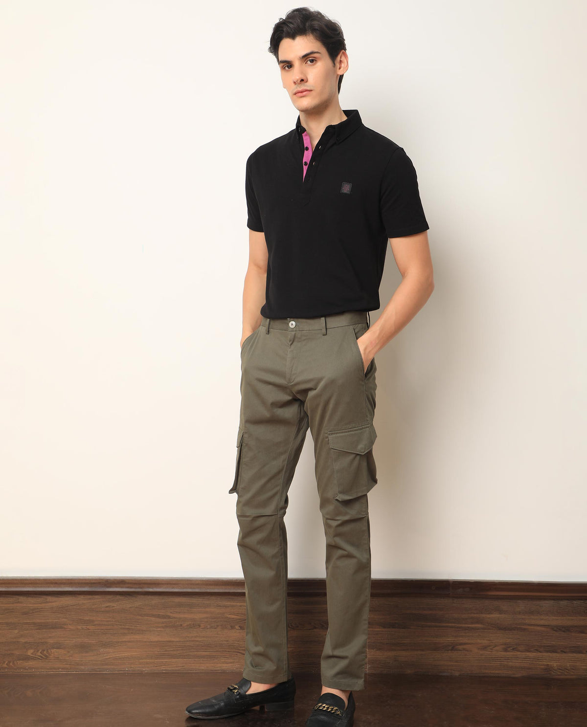 Rare Rabbit Men's Celu Olive Solid Mid-Rise Cargo Style Slim-Fit Trouser