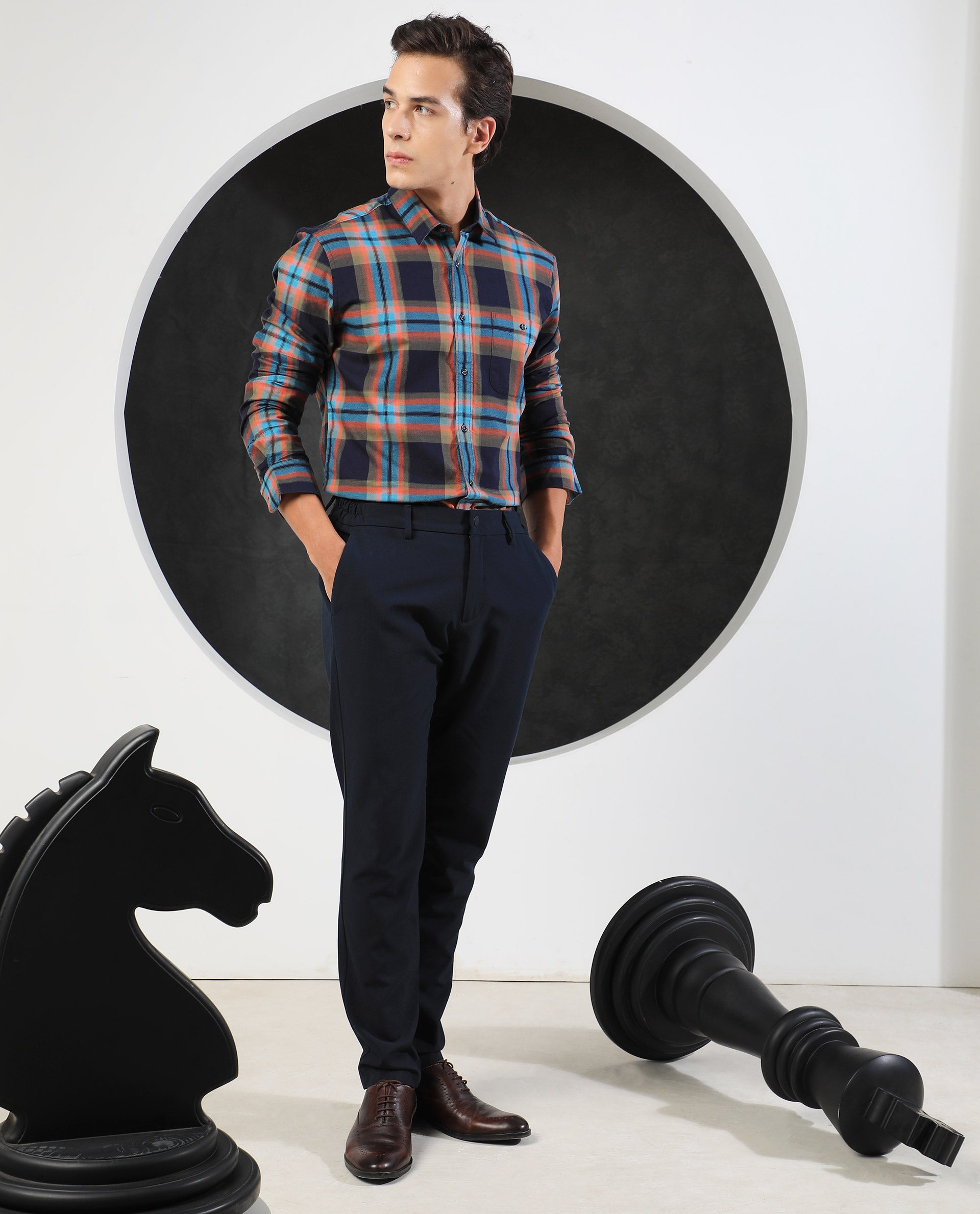 Rare Rabbit Men's Daneils Navy Cotton Fabric Full Sleeves Checks Shirt